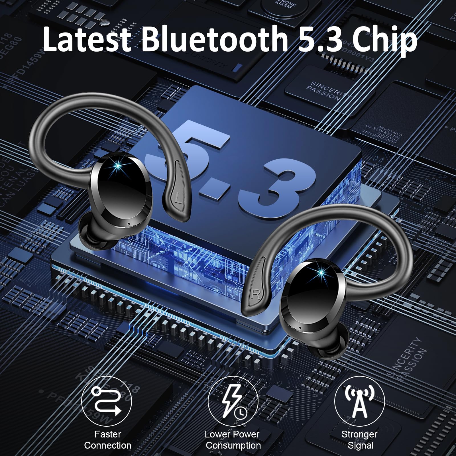 Wireless Bluetooth Earbuds with Noise Cancellation, 48H Playtime, HD Mic & Dual LED Display - IP7 Waterproof Sports Earphones with Ear Hooks & USB-C Charging for Running, Gym, Workouts and Commuting