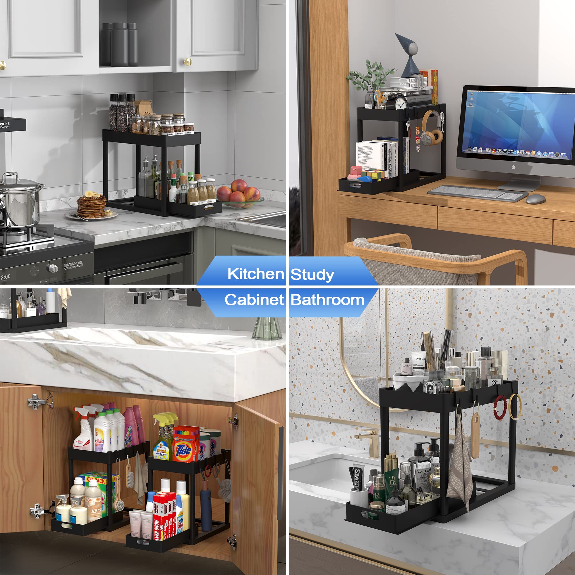 2-Tier Under Sink Organizer with Sliding Drawers & Pull-Out Baskets - Space Saving Kitchen & Bathroom Storage Shelf with Hooks - Perfect for Small Cabinets, Countertops & Vanities (Black, 2-Pack)
