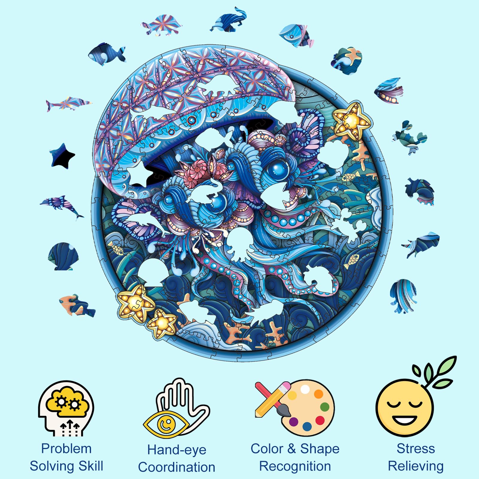 Premium Wooden Jigsaw Puzzle for Adults & Families - Colorful Animal Shaped Brain Teaser Game (Jellyfish Design) | Perfect Gift for Birthday, Christmas, Thanksgiving | Fun Home Entertainment & Stress Relief Activity