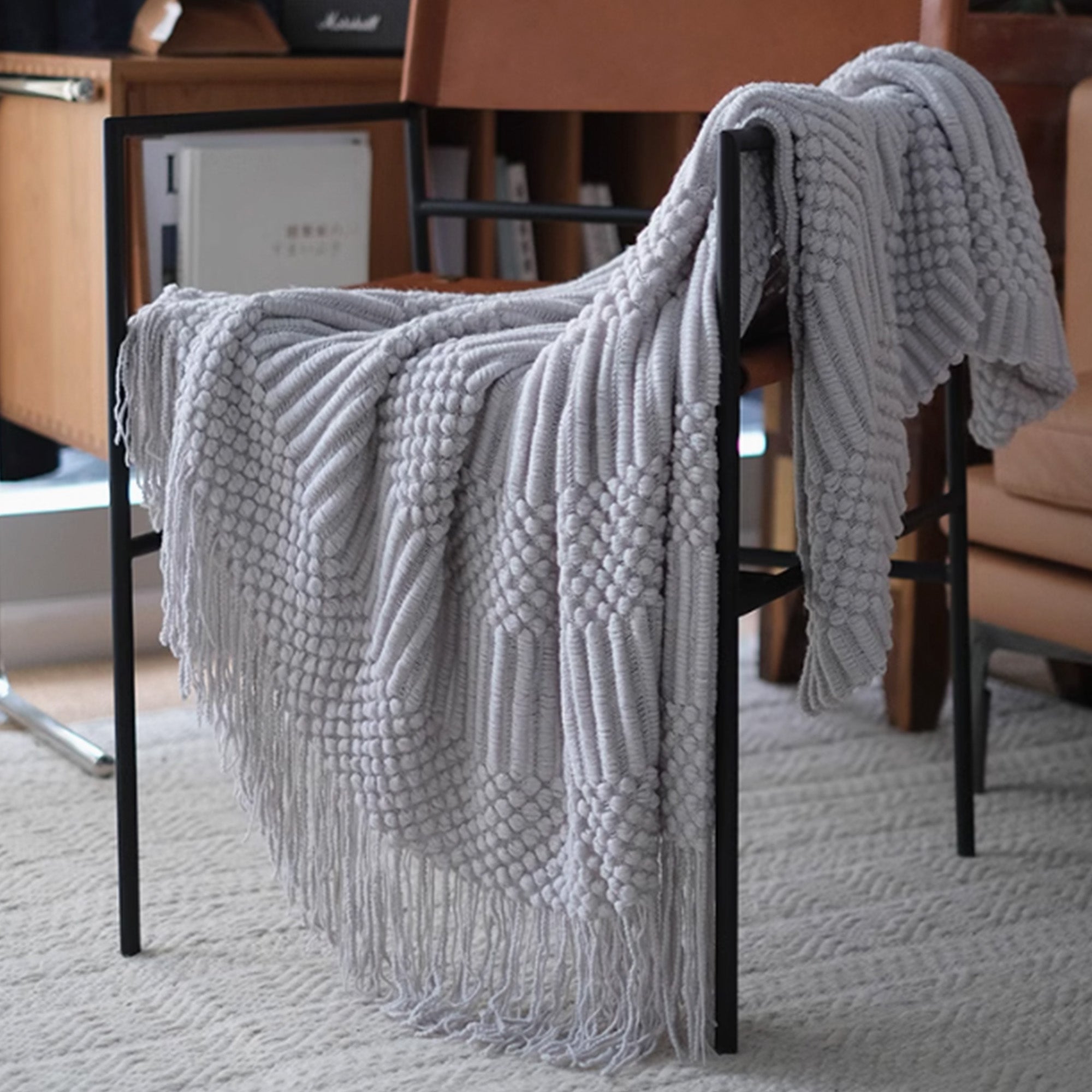 Soft Textured Fringe Throw Blanket - Cozy Knit Blanket for Couch, Bed & Sofa - Perfect for Living Room, Bedroom Decor & Winter Warmth