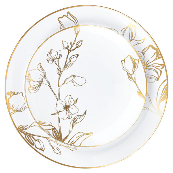 32-Piece White and Gold Round Plastic Dinnerware Set for 16 Guests - Elegant Antique Floral Design - Perfect for Weddings, Parties, and Outdoor Events