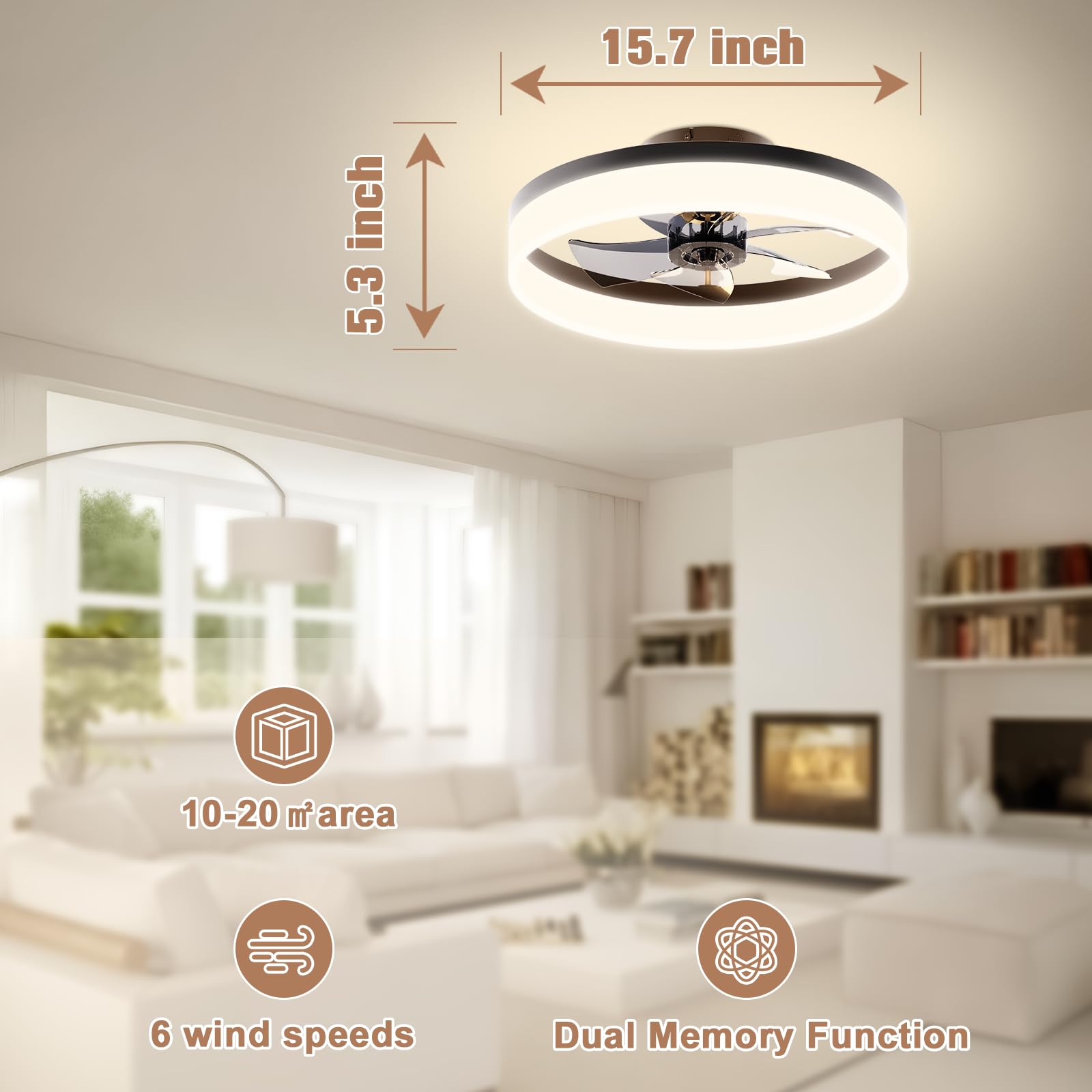 VOLISUN 15.7in Bladeless LED Ceiling Fan with Light & Remote - Modern Flush Mount for Bedroom