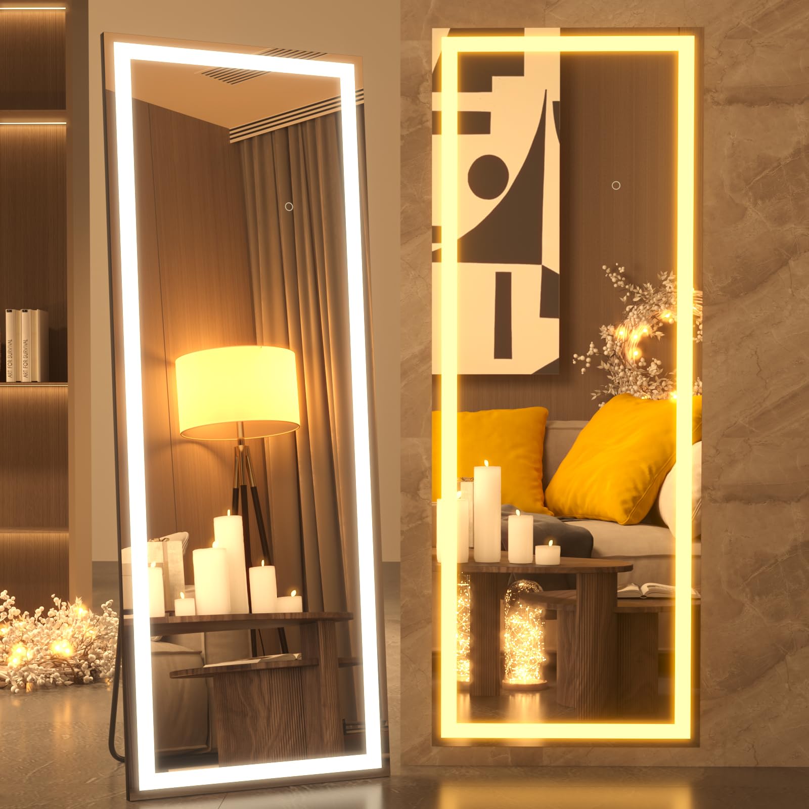 67X22 Inch LED Full Length Mirror with Lights - Black Frame Dimmable Floor Mirror, 3 Color Modes & Wall Mountable - Perfect for Dressing Room, Bedroom, and Home Gym Lighting