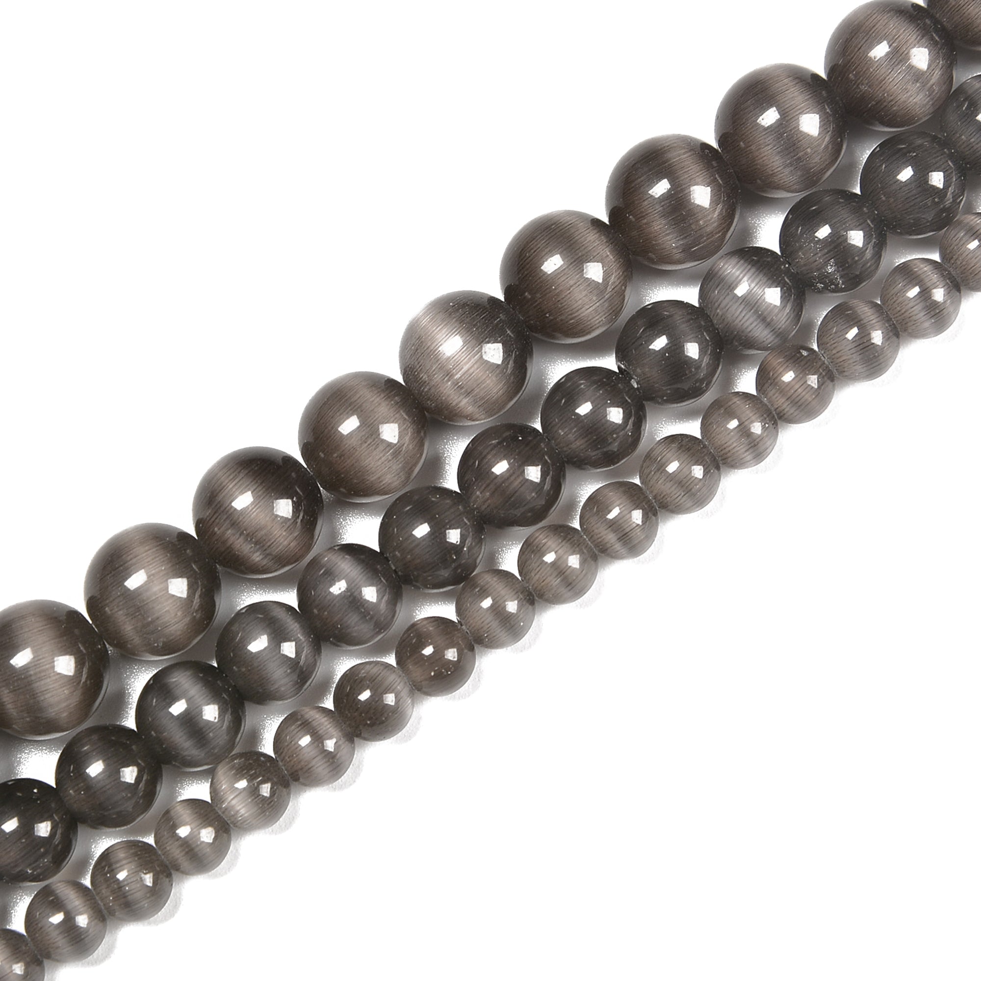 Premium Dark Gray Cat's Eye Smooth Round Beads - 6mm, 8mm, 10mm Sizes - 15.5