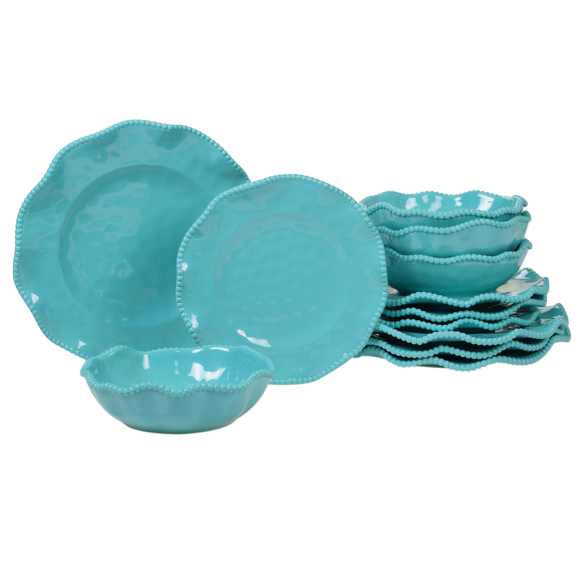 Certified International Perlette Teal Dinnerware Set - Elegant Porcelain Plates, Bowls & Cups for Indoor/Outdoor Dining, Parties & Everyday Use