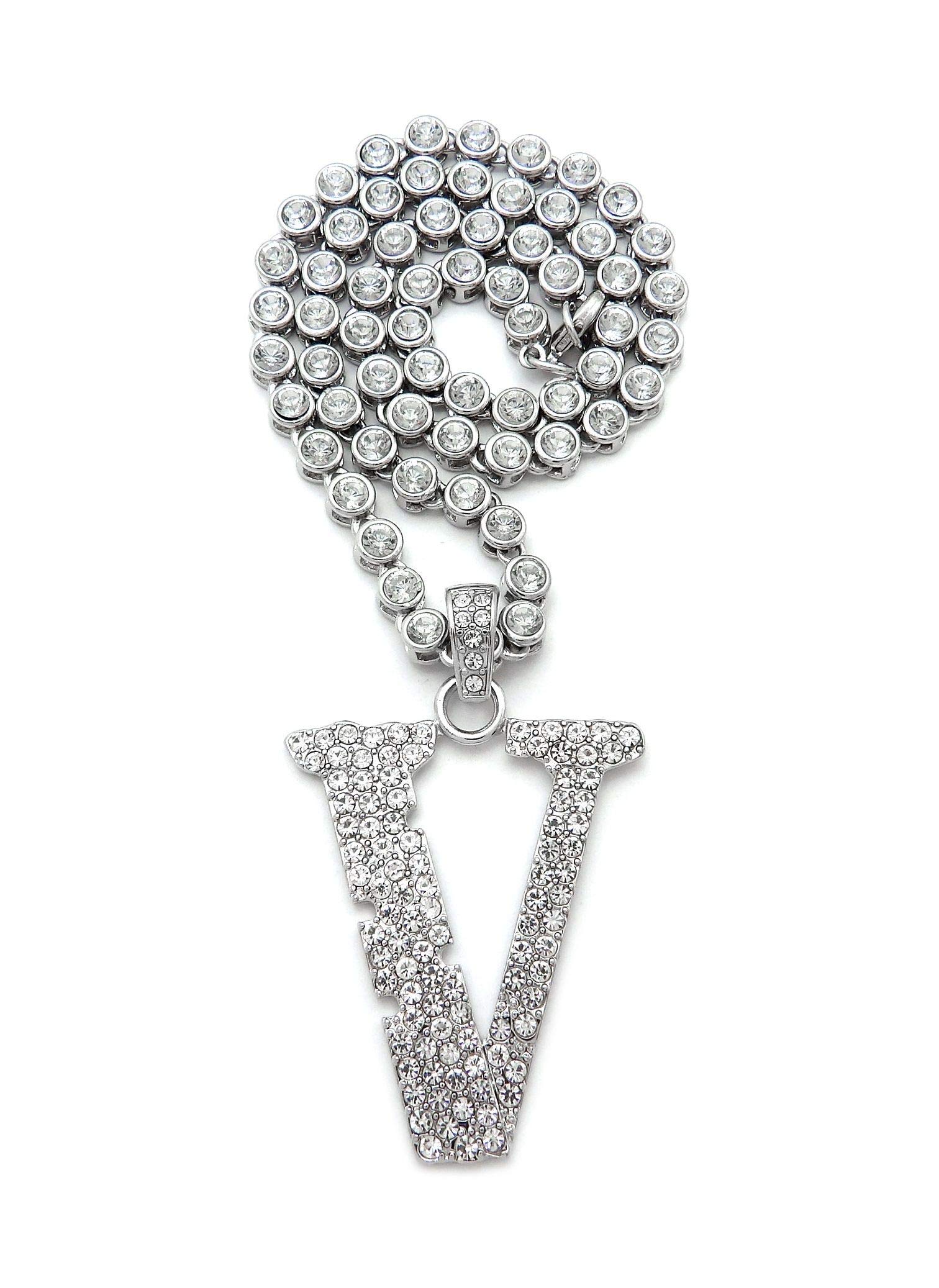 NYFASHION101 5mm Iced Out Tennis Chain Necklace with Stone Stud Capital V Initial Pendant - Elegant Layering Jewelry for Women, Perfect for Parties, Date Nights & Everyday Wear