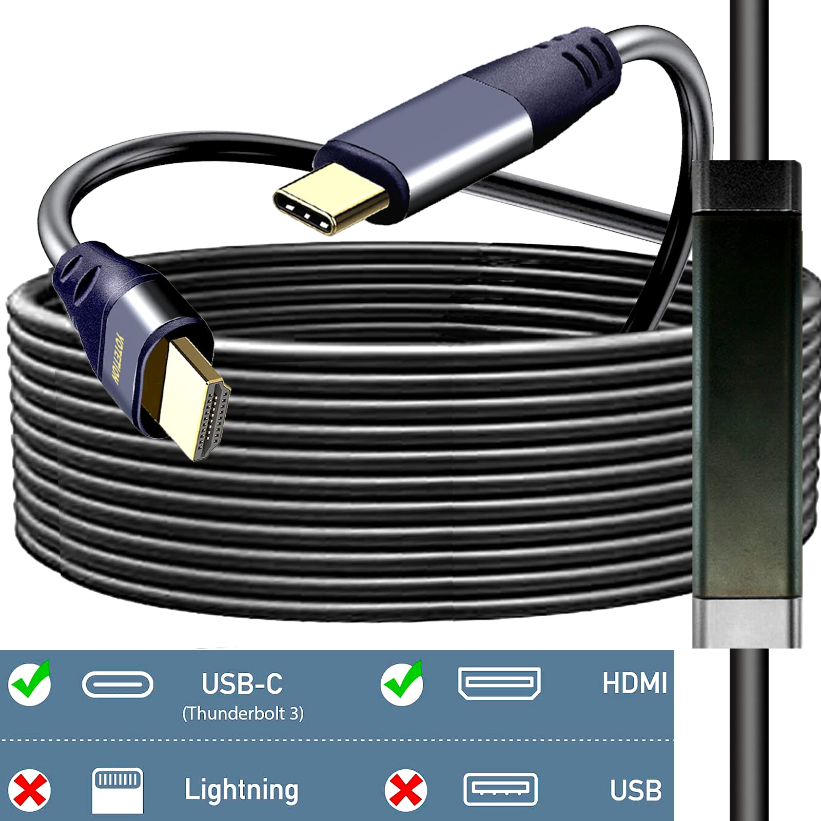 4K@60Hz USB C to HDMI Cable 30FT/10M with IC - Type C to HDMI Adapter for MacBook Pro/Air, iMac, Dell XPS, HP, Surface, iPad Pro | Compatible with Galaxy S20/S10/S9/S8, Pixelbook | Perfect for Home Theater, Office Presentations & Gaming Setup