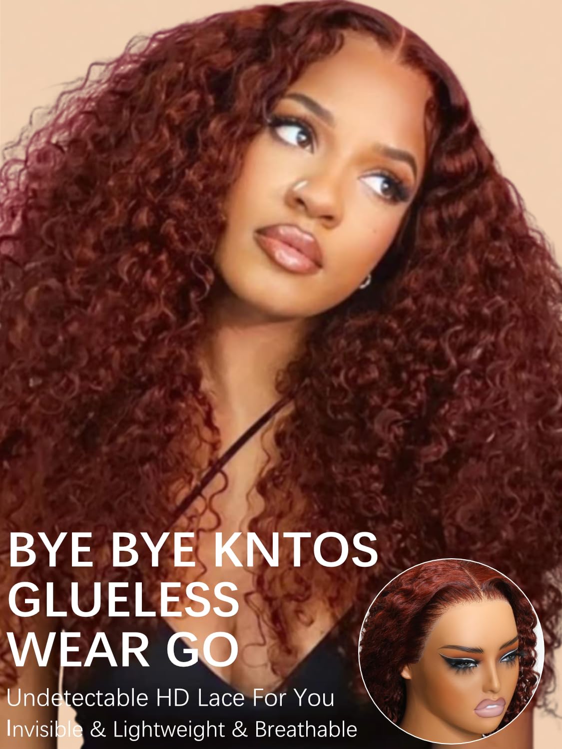 KLAIYI Bye Bye Knots Wig - Reddish Brown Curly 7x5 Invisible Knots Pre Cut HD Lace Front Human Hair Wig | Wear & Go Glueless Deep Curly Wave | Pre Plucked Bleached Knots 180% Density 16 Inch | Perfect for Daily Wear, Parties & Special Occasions