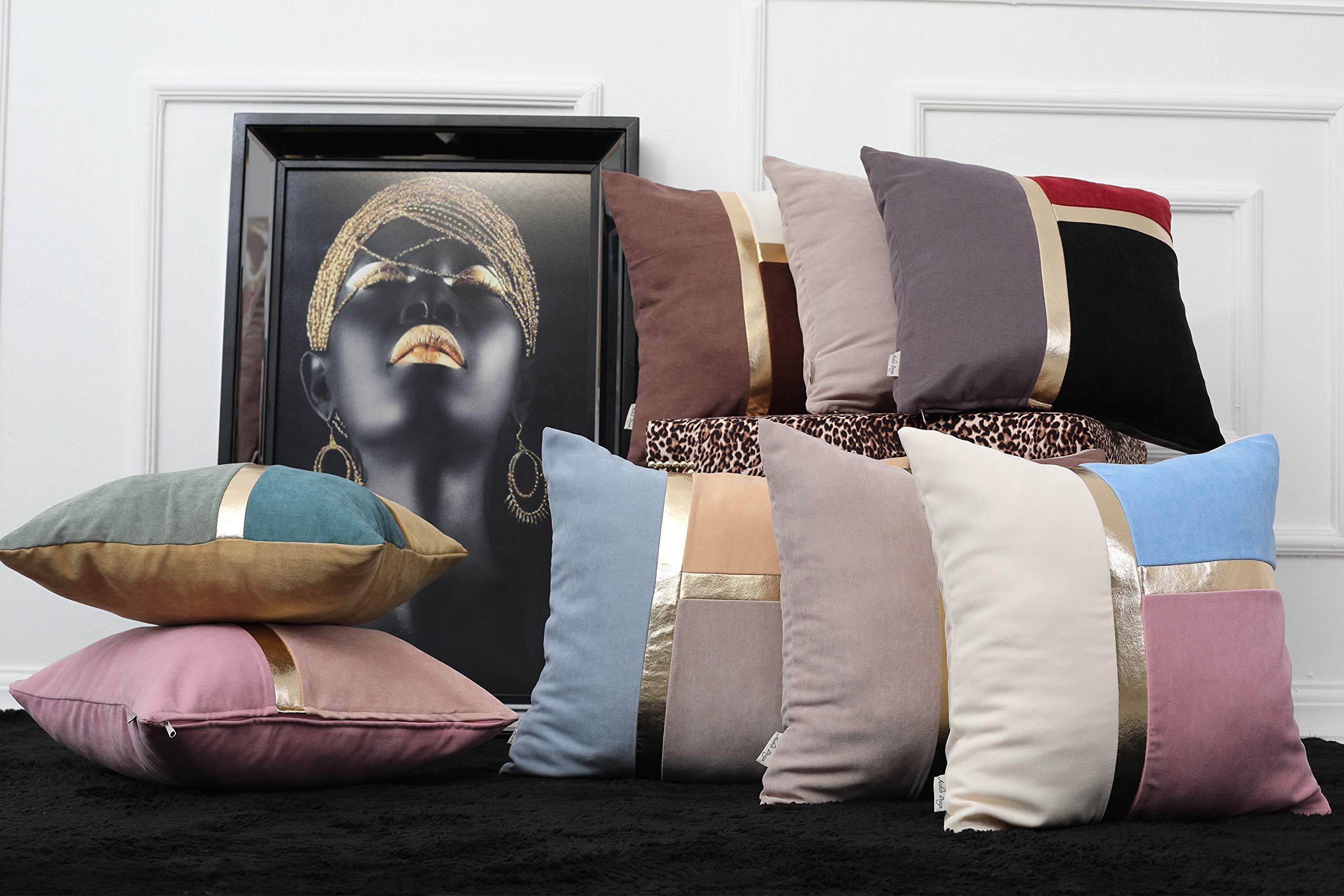 Luxury Faux Leather & Velvet Decorative Pillow Covers 18x18 Inch - Modern Striped Patchwork Cushion Covers in Ecru White, Baby Blue & Pink - Perfect for Sofa, Bedroom & Living Room Decor