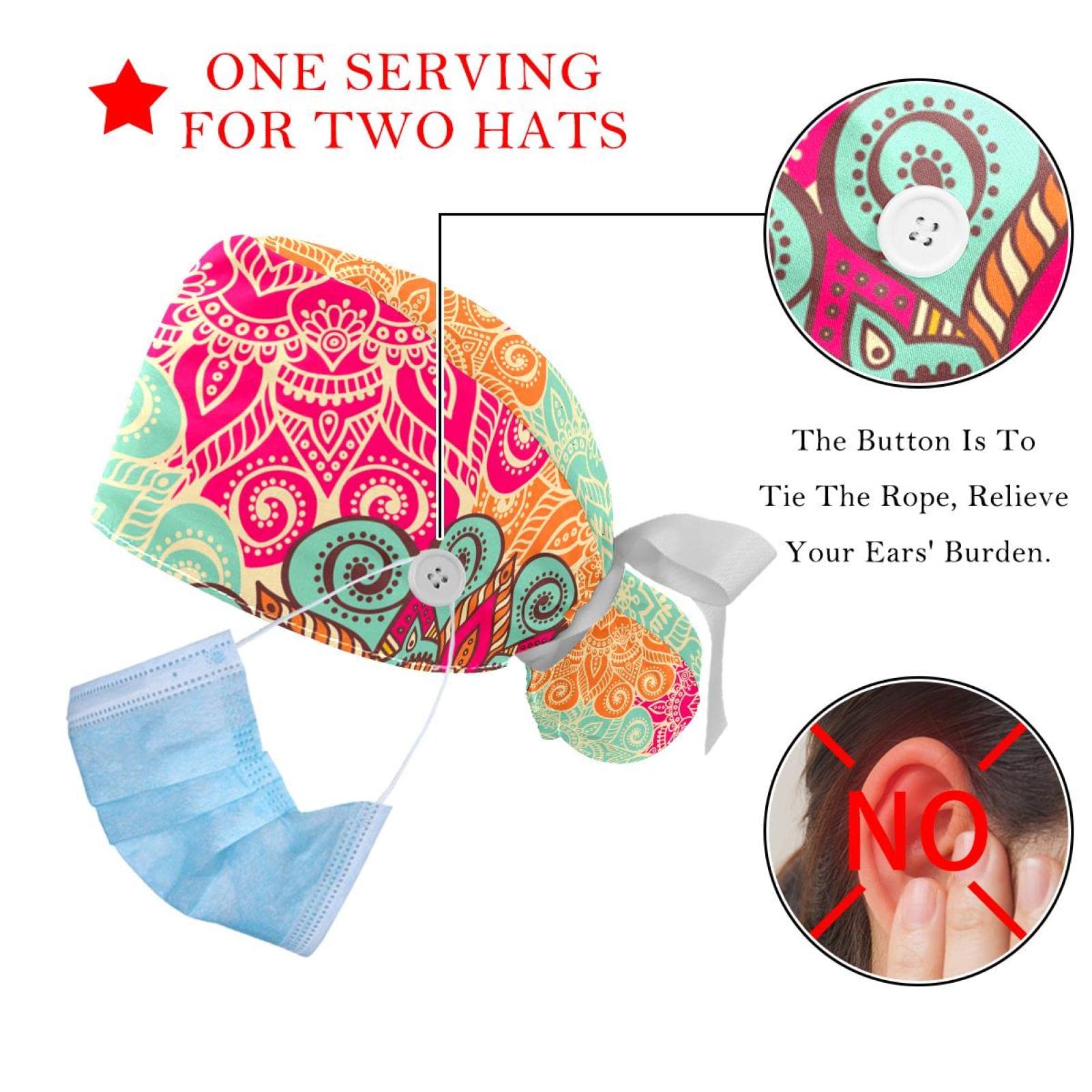 Bohemian Floral Geometric Print Scrub Hats for Women & Men - 2 Pack Long Hair Surgical Caps with Button Closure & Sweatband - Unisex Tie Back Nurse Doctor Chef Work Hat for Hospital, Kitchen & Salon