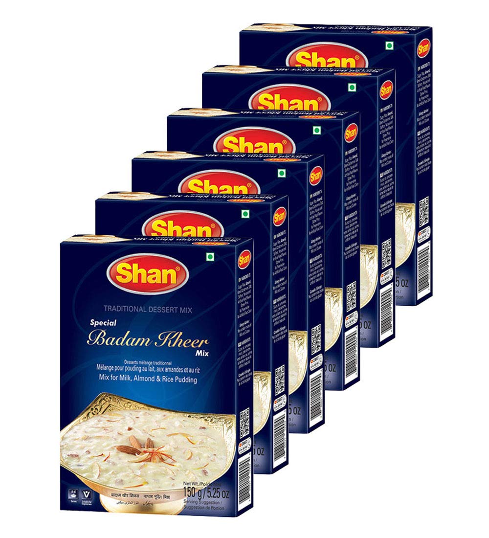 Premium Shan Special Badam Kheer Mix 4.29oz (150g) - Authentic Indian Almond Rice Pudding Powder - Vegetarian Dessert Mix for Milk-Based Sweets - Resealable Packaging (6-Pack) - Perfect for Festivals, Family Gatherings & Dessert Lovers