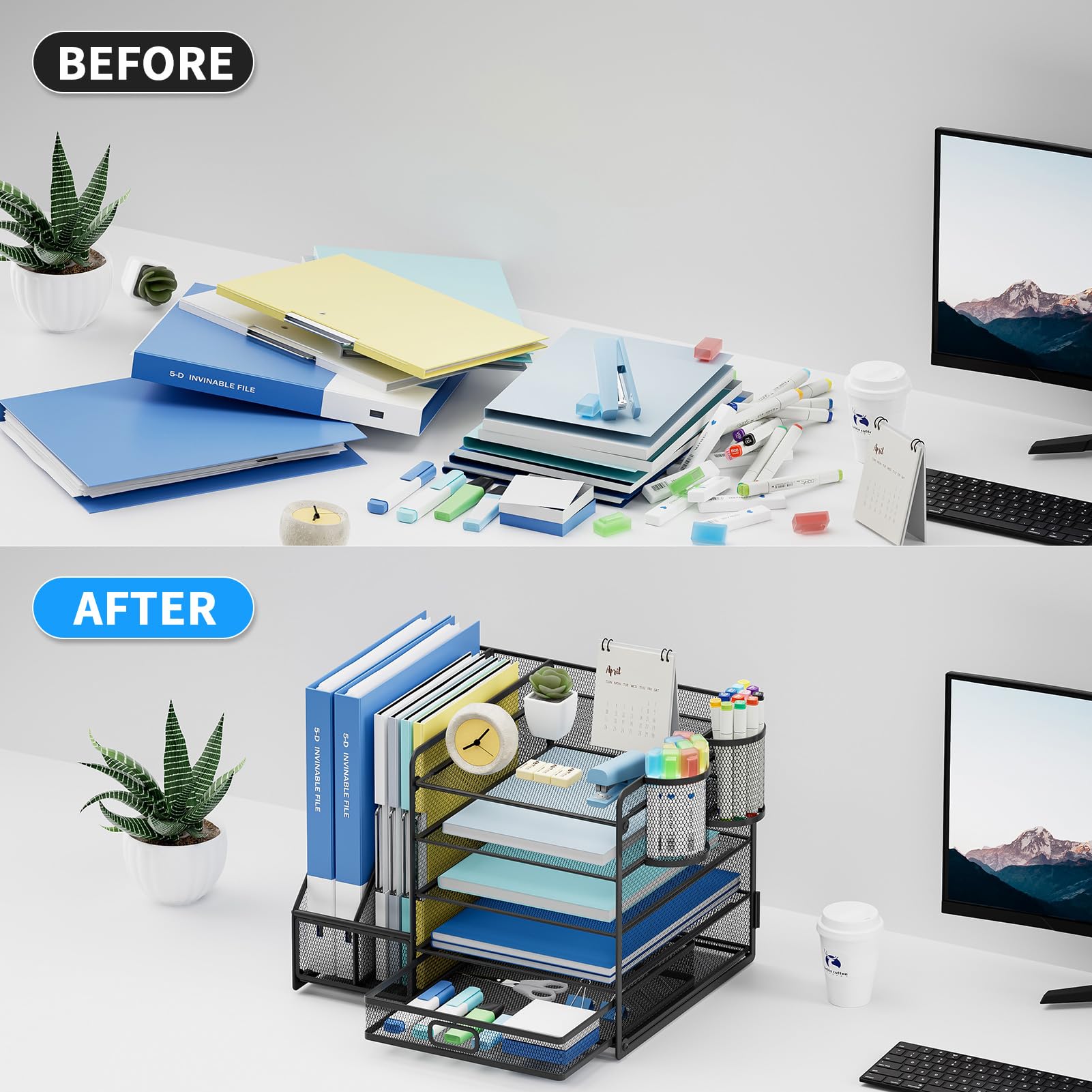 Lavatino 5-Tier Mesh Desk Organizer with File Holder, Sliding Drawer & 2 Pen Holders - Black Office Supplies Storage for Paper, Letters, Documents - Perfect for Home Office, Workspace & School Organization