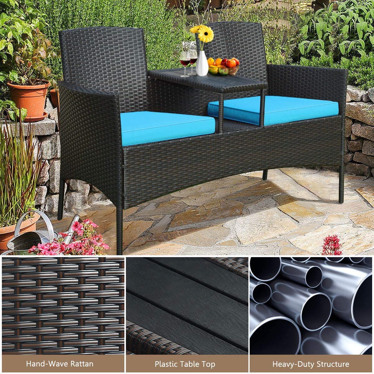 Modern Outdoor Wicker Loveseat Sofa Set with Built-in Coffee Table & Soft Cushions - Turquoise Rattan Patio Furniture for Backyard, Porch, Poolside, Lawn - Perfect for Relaxing, Entertaining & Sunbathing