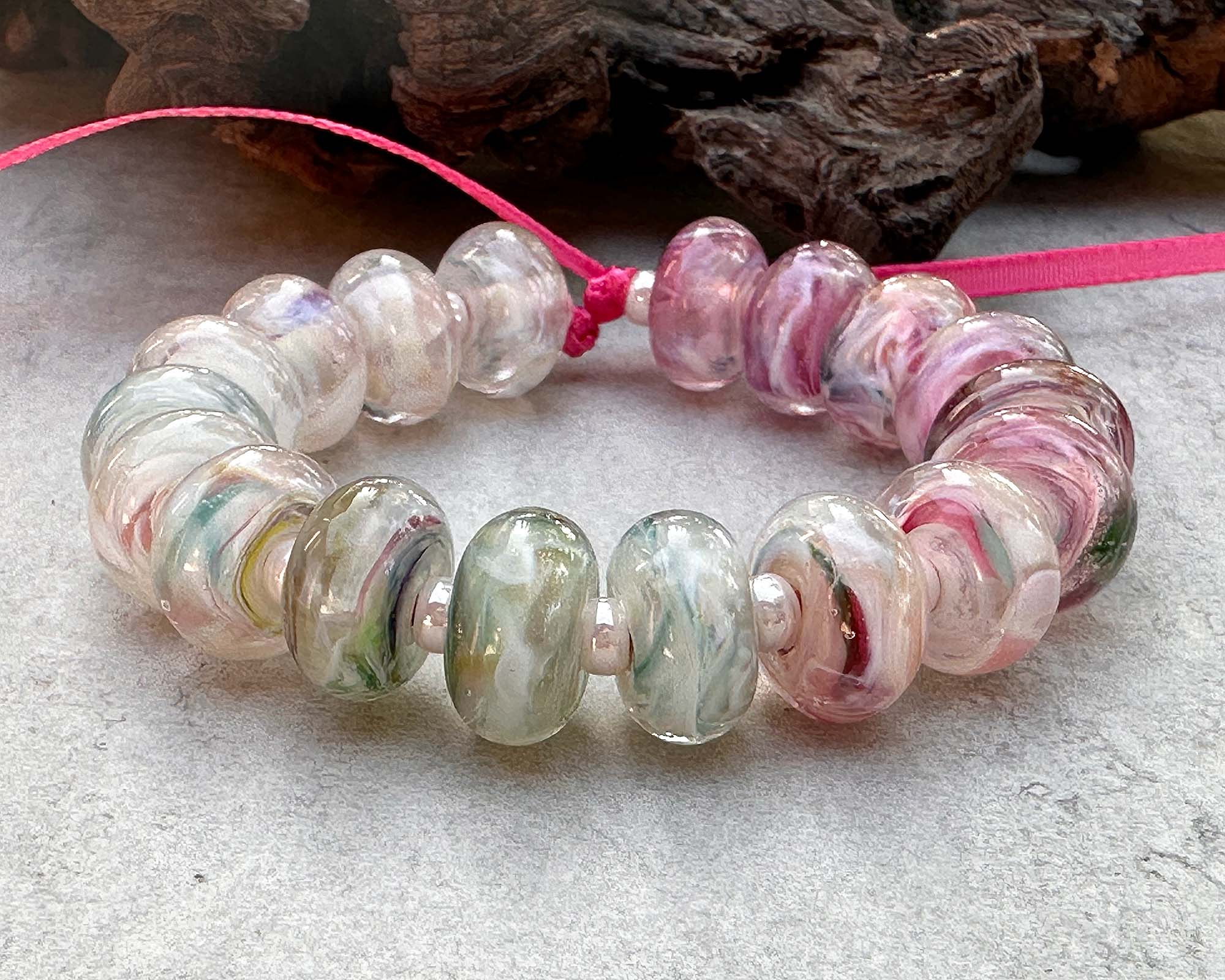 18 Dreamy Pink & Cream Lampwork Glass Beads Set for Jewelry Making - DIY Bracelets, Necklaces & Craft Projects - SRA