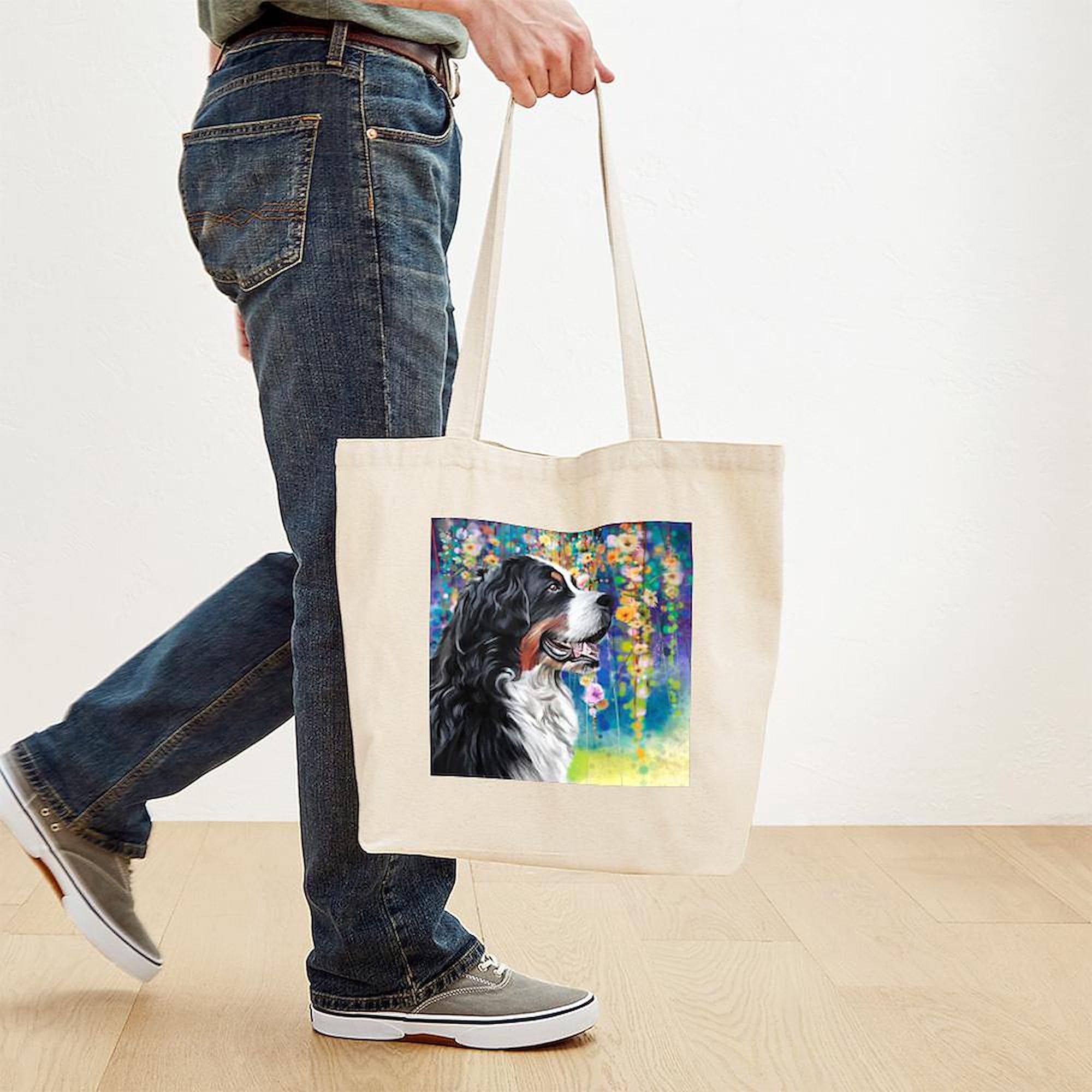 Bernese Mountain Dog Painting Tote Bag - Natural Canvas Reusable Shopping Bag for Groceries, Beach & Daily Use | Eco-Friendly Cotton Tote with Art Print