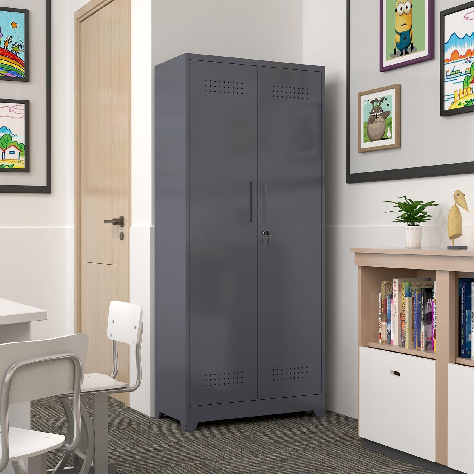 GREATMEET Heavy Duty Metal Storage Cabinet with Adjustable Shelves - Broom Closet Organizer for Cleaning Supplies, Bathroom & Garage Storage - Perfect for Home, Office, and Workshop Organization