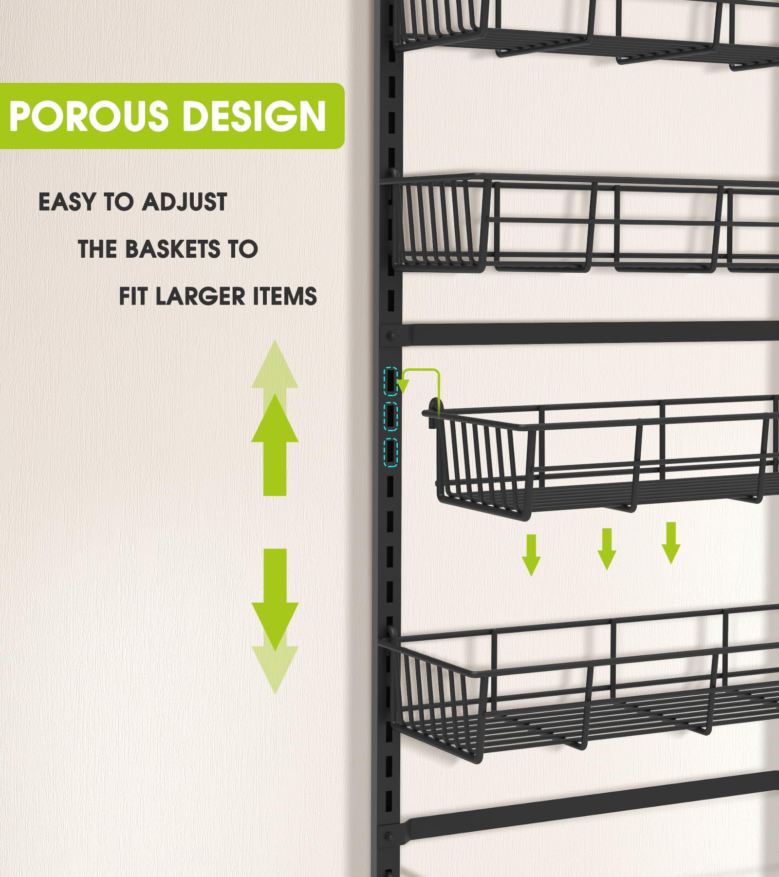 Over The Door Pantry Organizer - Heavy Duty Metal Wall Mount Spice Rack with 8 Adjustable Baskets, Hanging Storage for Kitchen & Home Organization - Black (Perfect for Small Spaces, Pantry Doors, and Seasoning Storage)