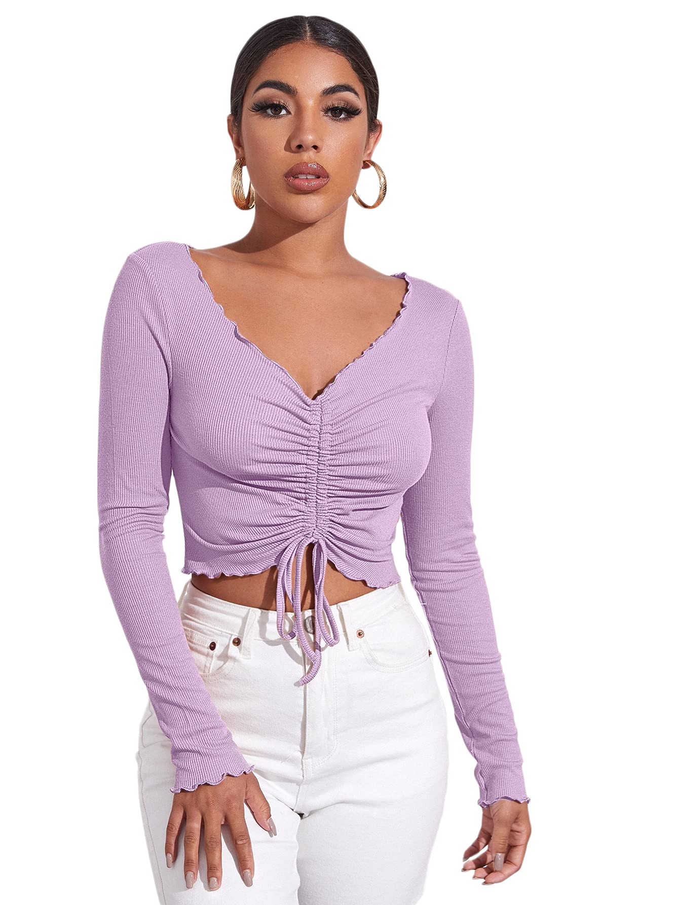 Floerns Women's Lettuce Trim Long Sleeve Drawstring Ruched Crop Top T-Shirt - Trendy Casual Blouse for Spring & Summer, Perfect for Dates, Parties and Everyday Wear