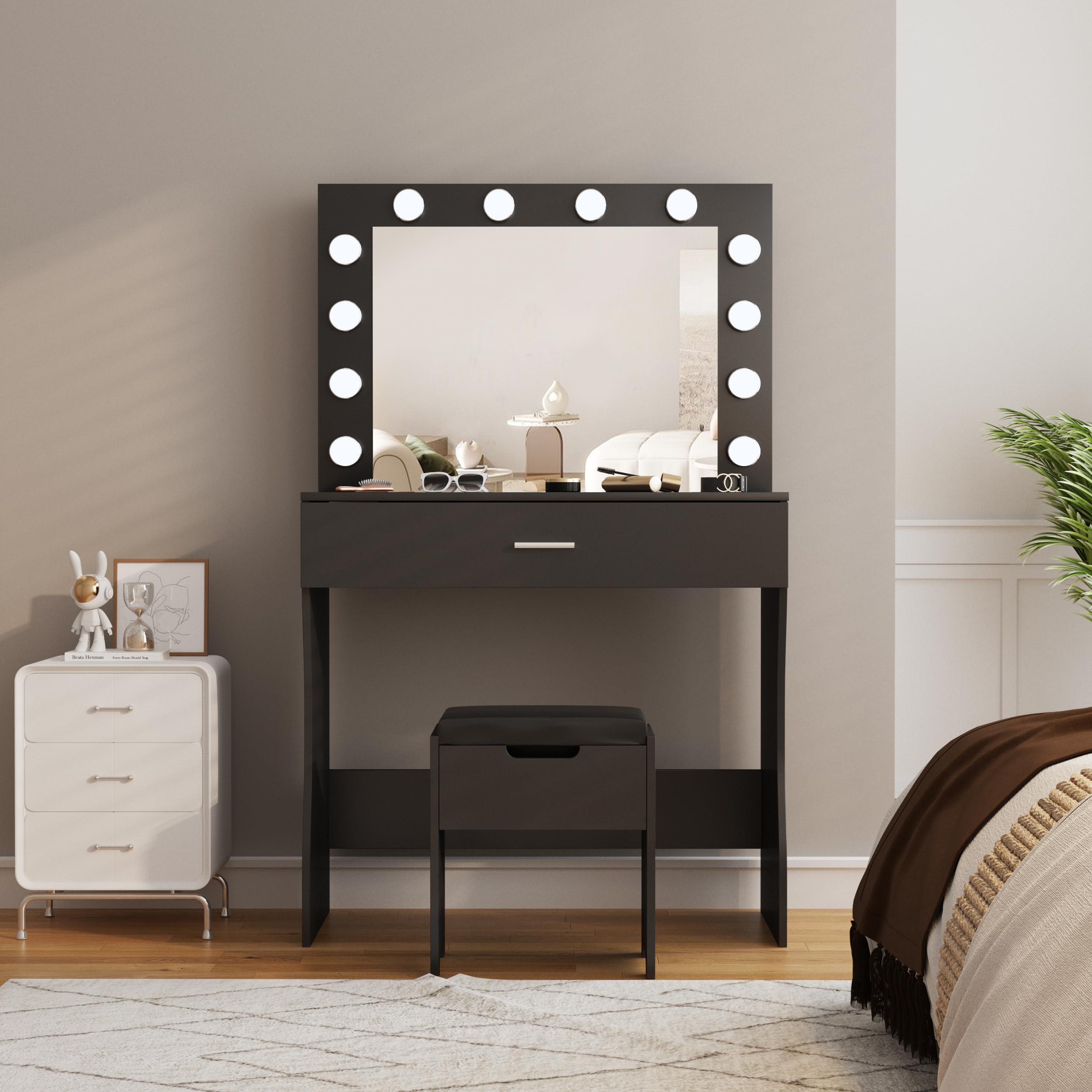 Vanity Desk with Mirror and Lights - Adjustable Brightness Makeup Vanity Table Set with Storage Drawer & Cushioned Chair - Perfect for Bedroom, Dressing Room & Beauty Salon (Black)