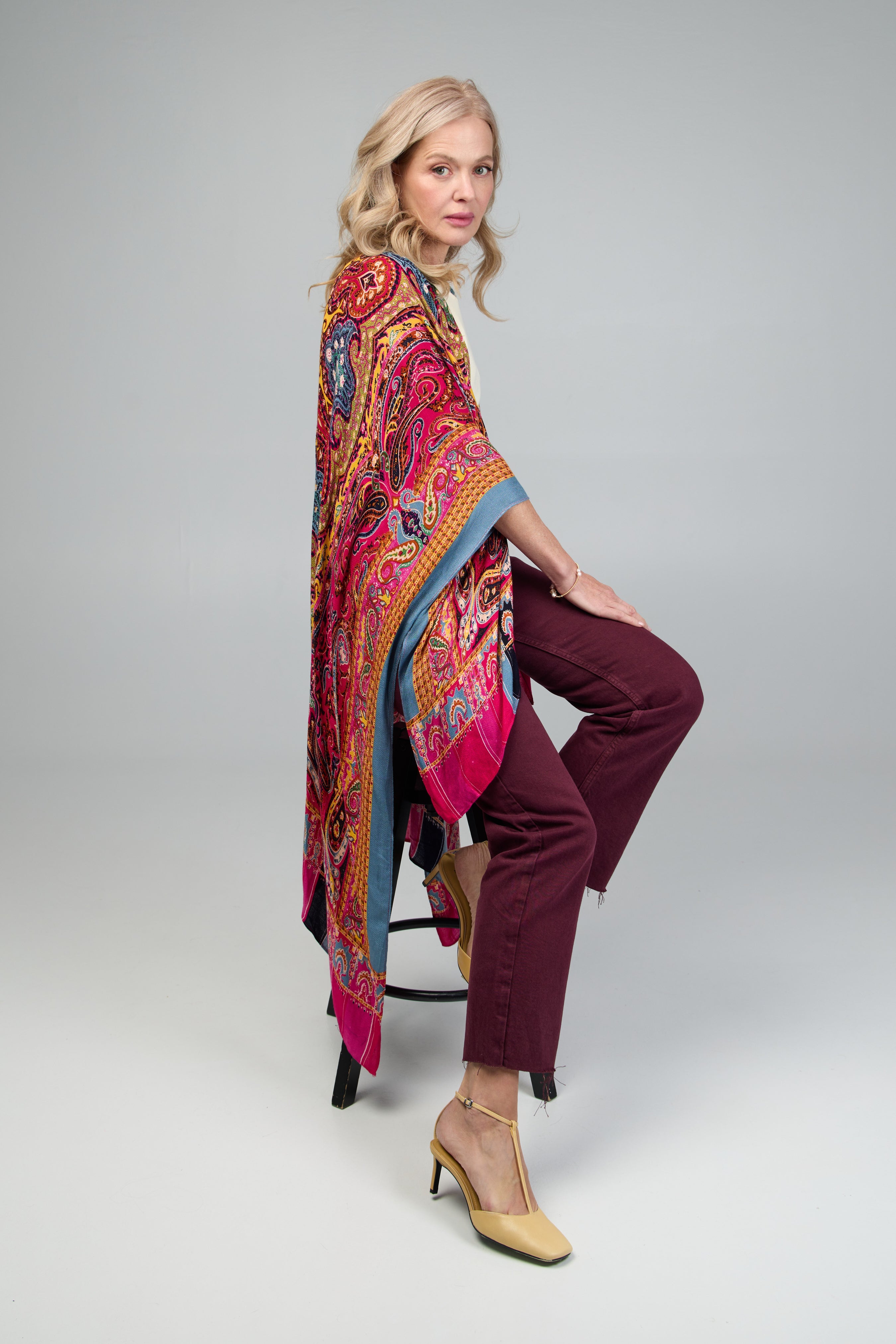 Bohemian Paisley Print High Low Kimono - Flowy Long Sleeve Open Front Cover Up for Women - Perfect for Beach, Festival & Lounge Wear