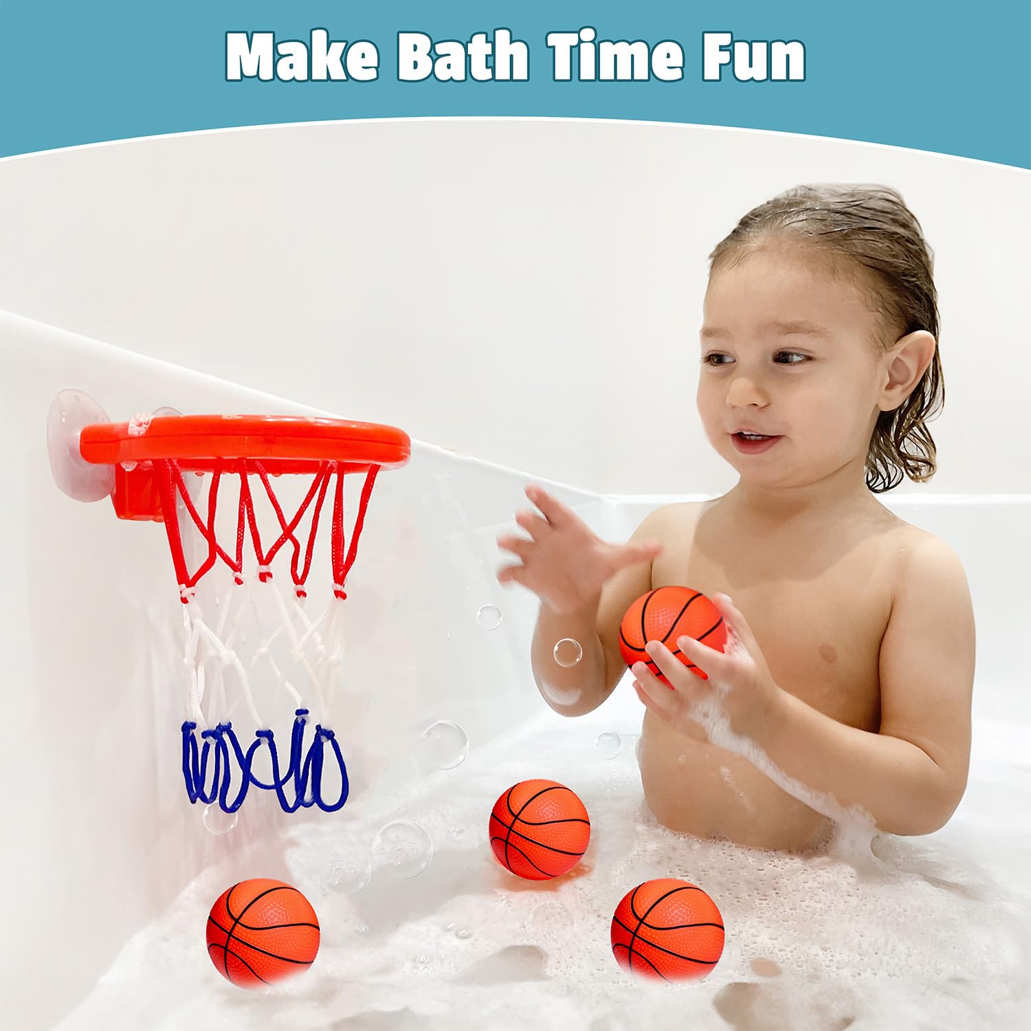 **Bathtub Basketball Hoop for Toddlers & Kids - 4 Soft Balls, Mold-Free & Strong Suction Cup - Fun Bath Shooting Game Toy for Boys & Girls - Perfect for Bathtime Play & Indoor Activity**