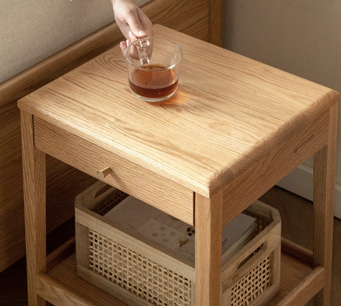 Solid Oak & Black Walnut Wood Nightstand - Modern Bedside Table with Drawer - Perfect for Bedroom, Living Room, or Office Use