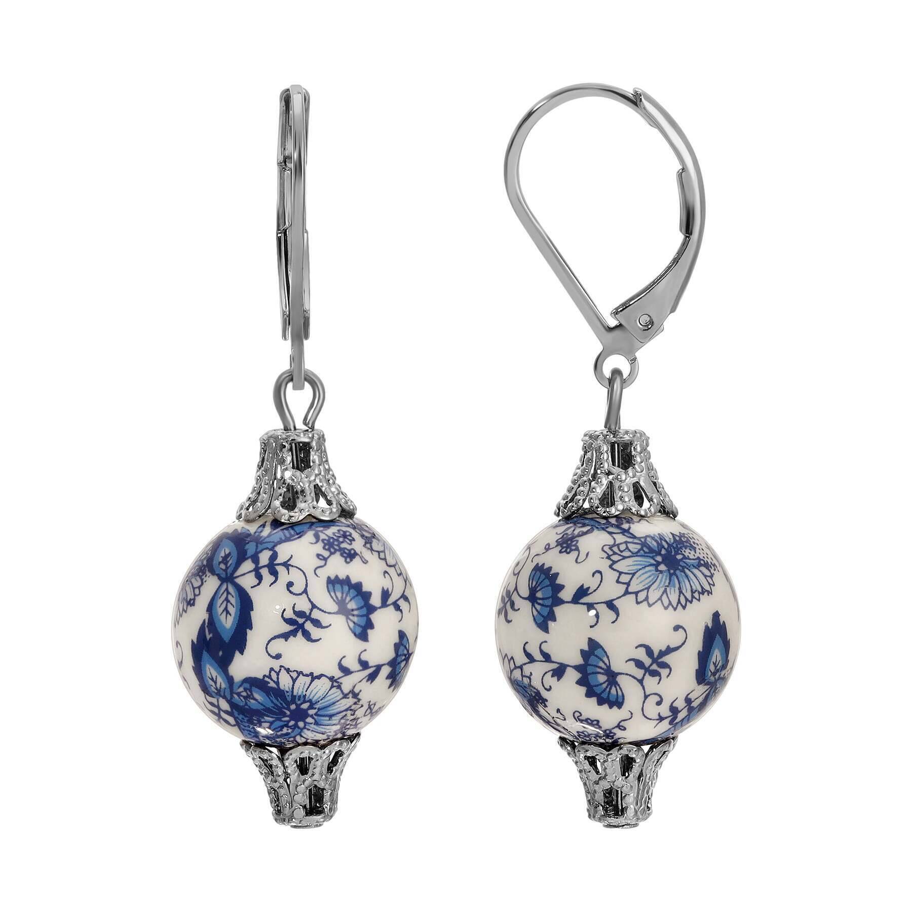 1928 Blue Willow Round Bead Drop Earrings - Vintage Inspired Dangle Earrings for Women, Perfect for Weddings, Parties & Special Occasions