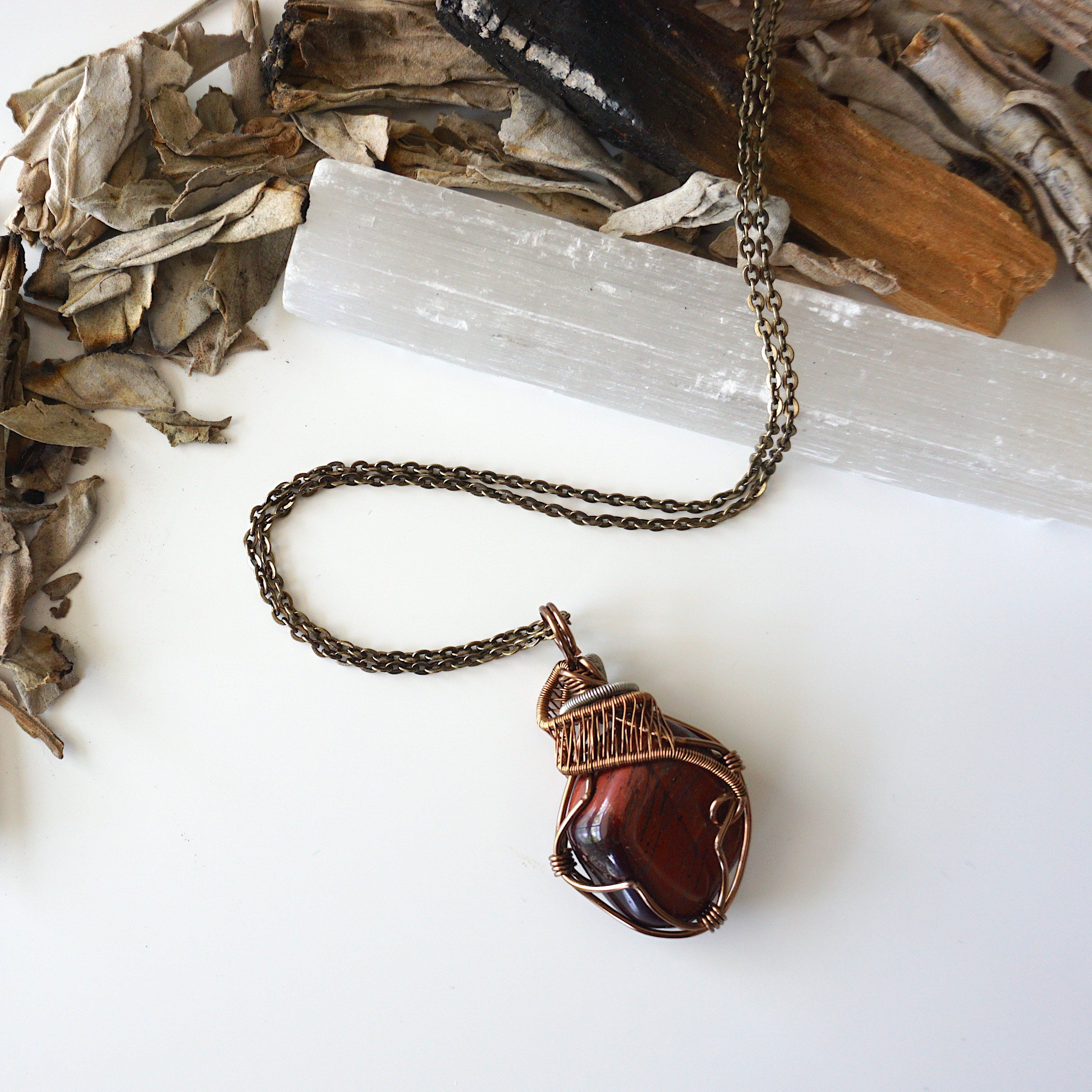 Red Tigers Eye Crystal Necklace in Antique Bronze & Silver - Spiritual Healing Jewelry for Meditation, Yoga & Energy Protection
