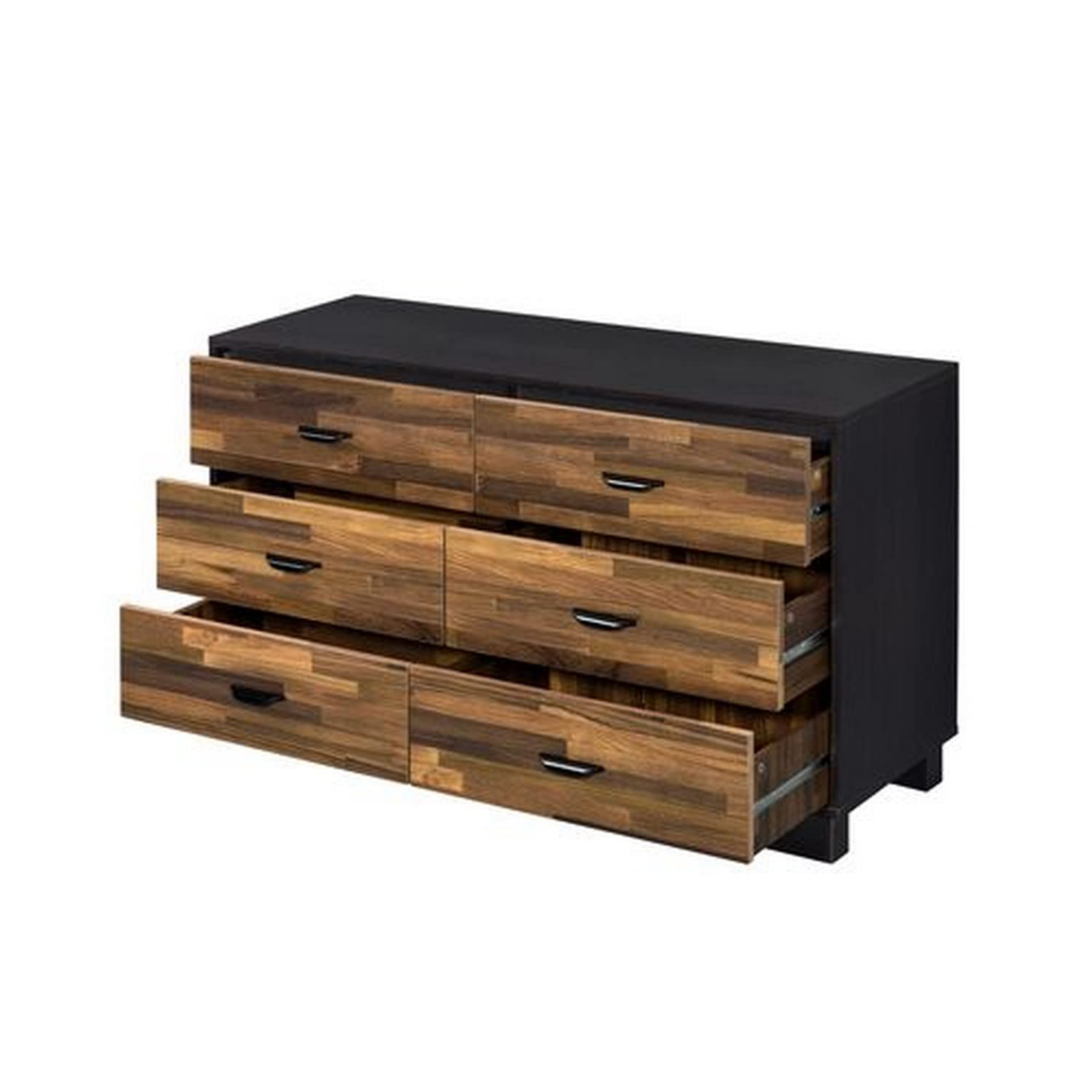 Benjara 6-Drawer Dresser with Butcher Block Pattern in Brown & Gray - Stylish Bedroom Storage for Clothes, Linens & Accessories