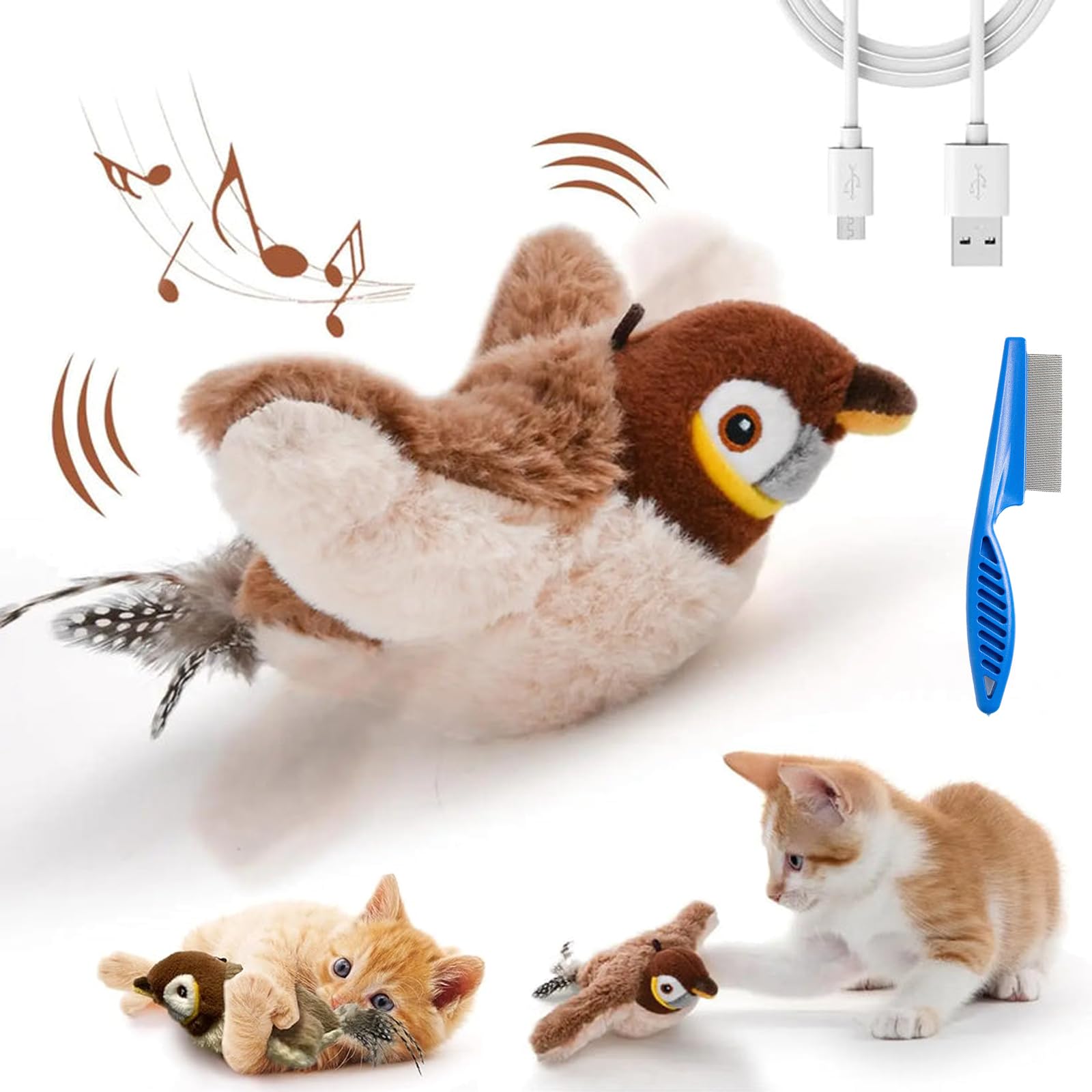 Rechargeable Flapping Flying Bird Cat Toy with Chirping Sounds - 3 Interactive Modes for Indoor Cats | Perfect for Playtime & Exercise | Simulated Prey Toy for Kittens & Adult Cats