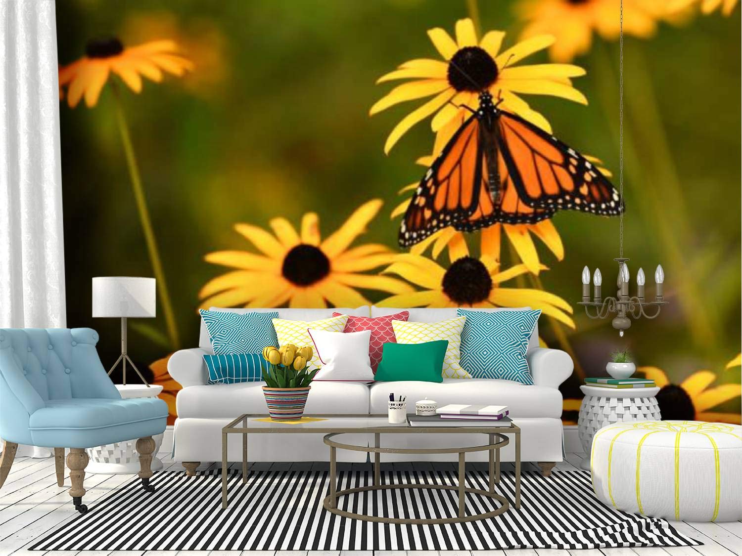 Monarch Butterfly on Black Eyed Susan Peel and Stick Wallpaper - Self-Adhesive Removable Vinyl Wall Mural for Home Decor | Easy DIY Wall Sticker for Bedroom, Living Room, Nursery & Office