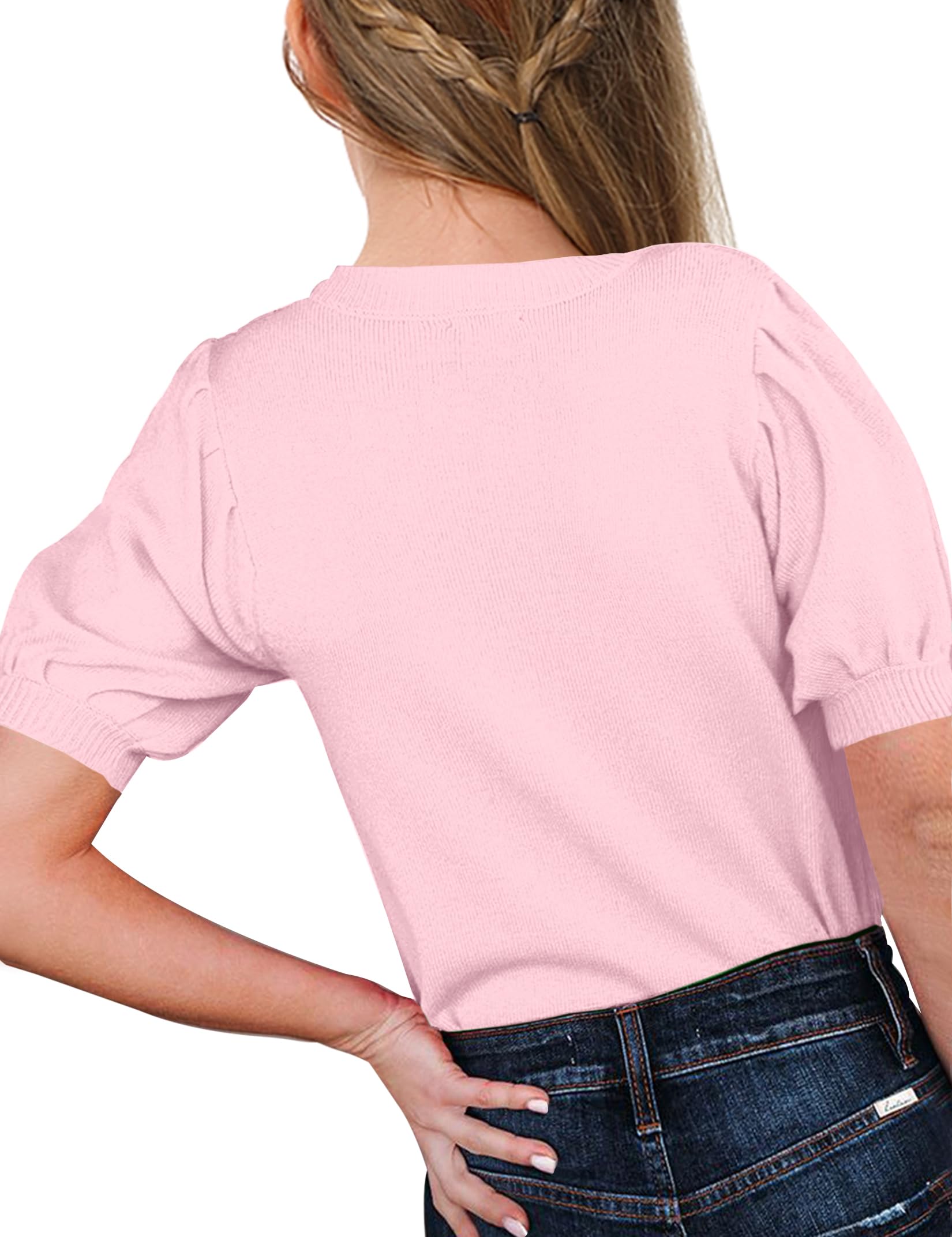 Girls Puff Short Sleeve Sweater - Soft Crewneck Knit Pullover Jumper for Kids - Solid Color Blouse Tops - Perfect for School, Playdates & Casual Outings