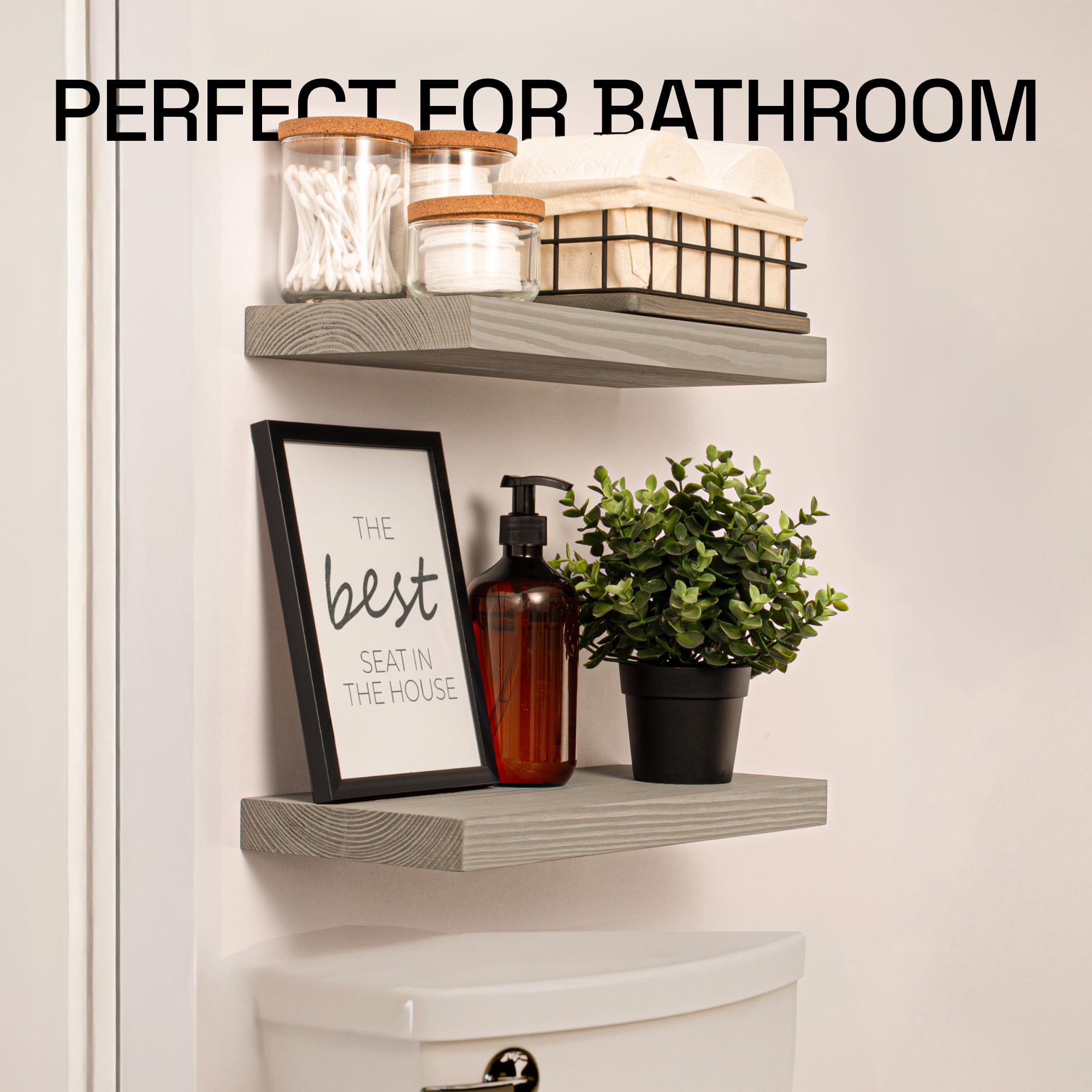 BAOBAB WORKSHOP Set of 2 Floating Wood Shelves - 16 Inch Rustic Wall Shelves for Living Room, Bedroom, Kitchen, Bathroom - Farmhouse Grey Wooden Shelves (16