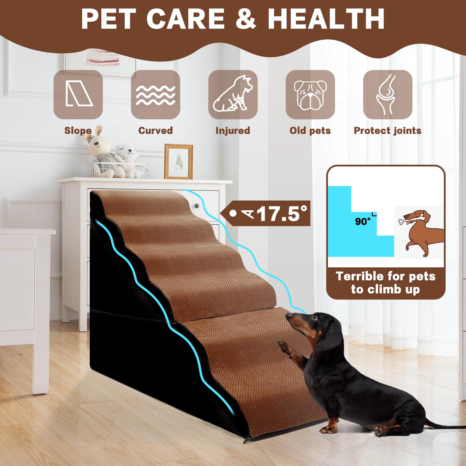 6-Step Dog Stairs for High Beds 30-36 Inches - Curved Pet Steps Ramp for Small/Large/Senior Dogs & Cats - Soft Climbing Aid for Beds, Couches & Furniture - Brown (Perfect for Elderly Pets & Post-Surgery Recovery)