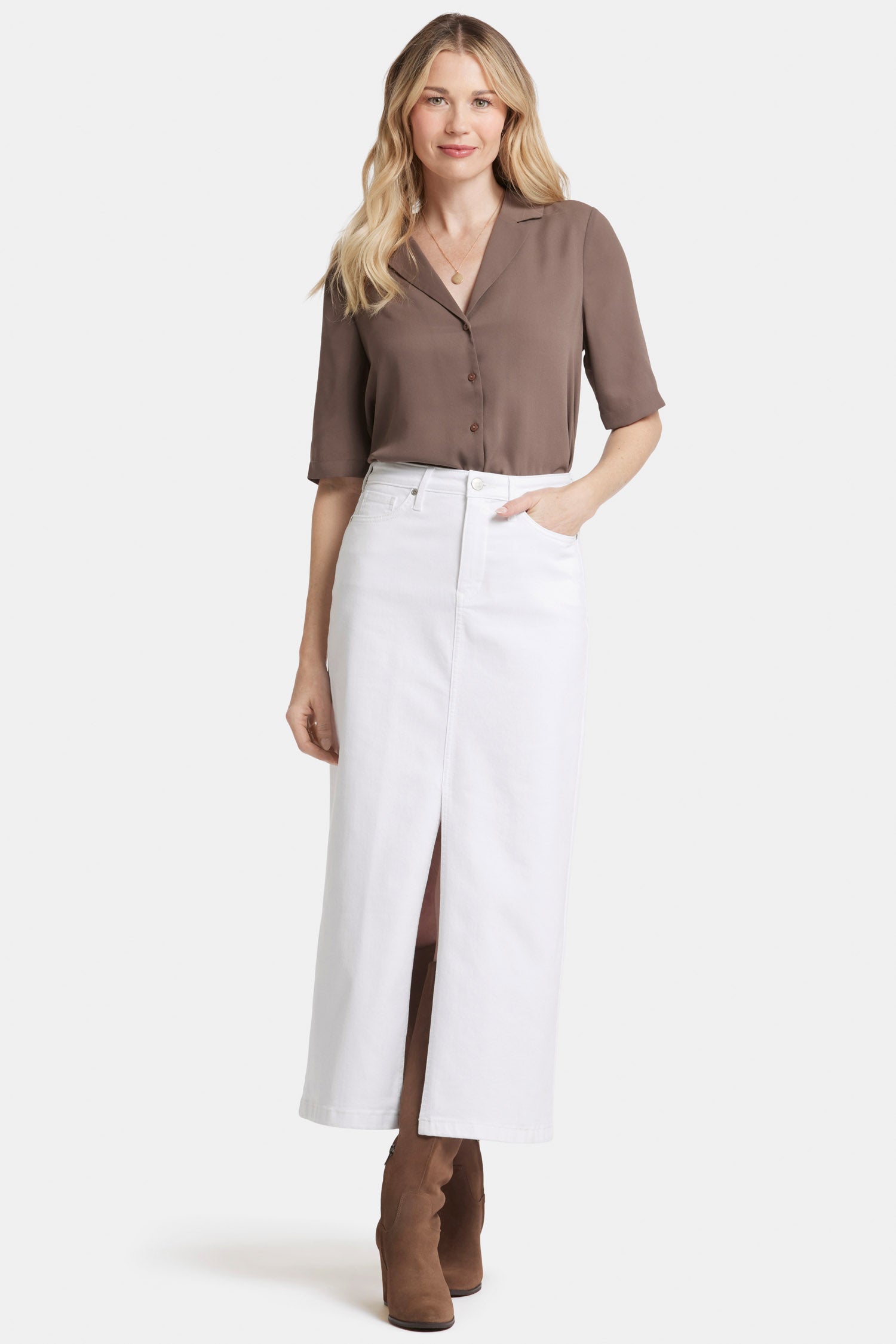 Elegant High Rise Long Skirt in Optic White - Perfect for Office Wear, Formal Events & Spring Outfits