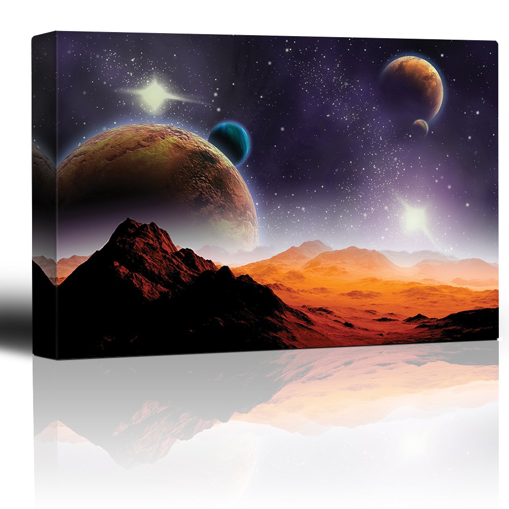 Wall26 - Stunning Rocky Mountains with Planets Canvas Art Print - 32x48 Inches - Modern Space Themed Wall Decor for Living Room, Bedroom & Office