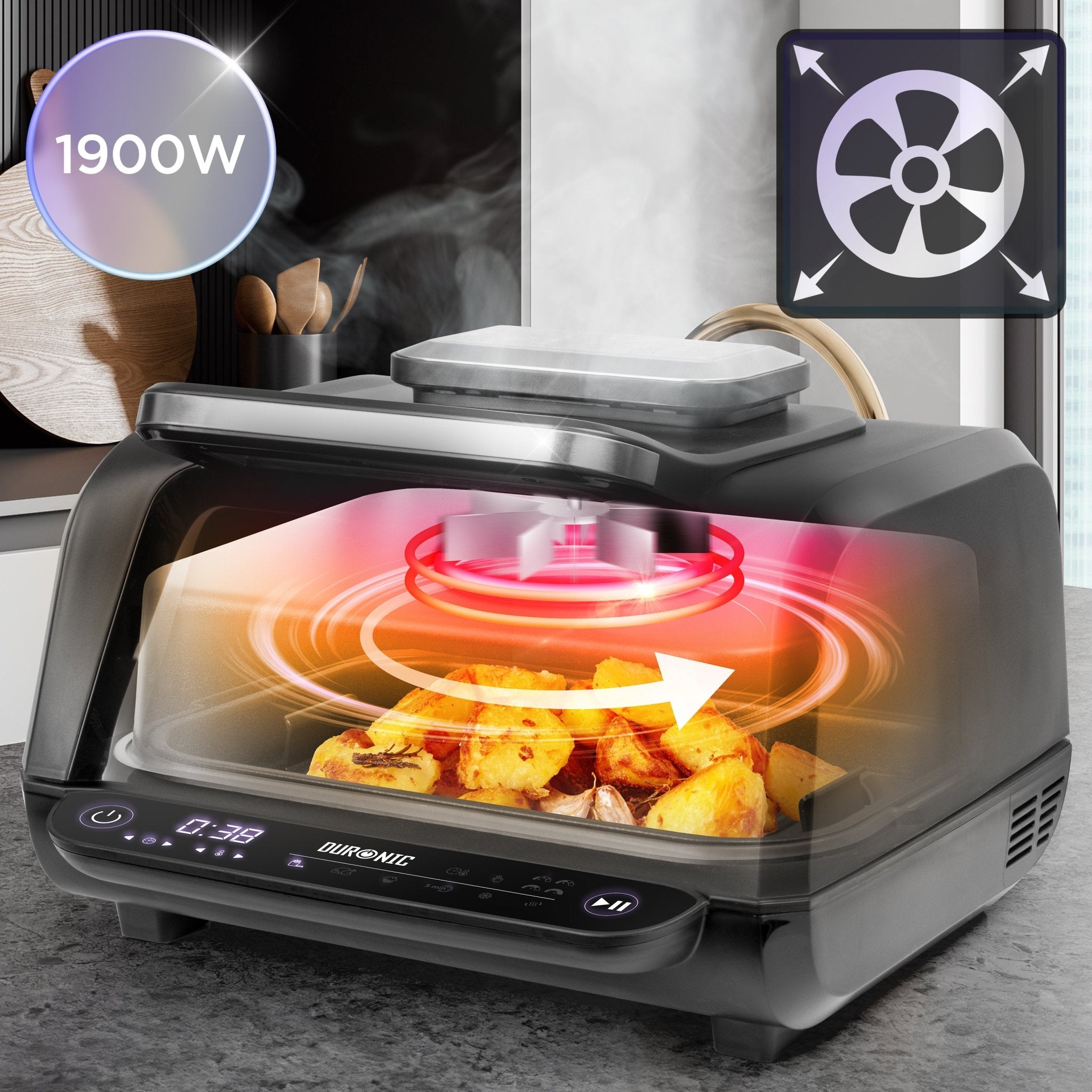 Duronic FG19 Air Fryer & Health Grill - 8-in-1 Electric Air Fryer Oven for Chips, Chicken, Vegetables, Baking | Indoor BBQ, Family Dinners & Healthy Cooking | Perfect for Small Kitchens & Dinner Parties