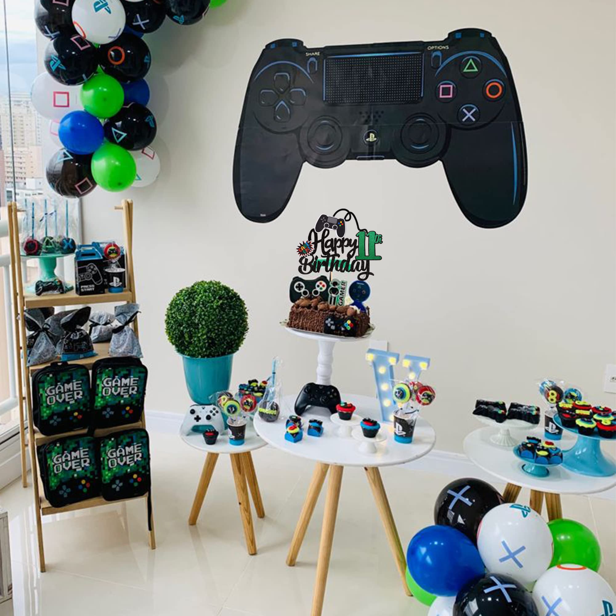 1 PCS Video Game Happy 11th Birthday Cake Topper - Glitter Game Controller Cake Pick - Eleven Cheers to 11 Years - Perfect for Birthday Party Decorations & Gaming Theme Cakes (Green)