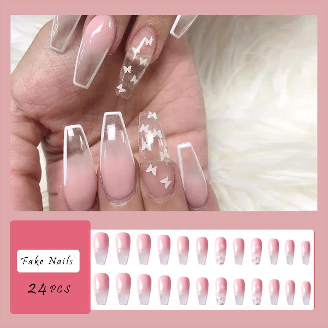 SINLOV 24pcs Coffin Press on Nails - Nude Gradient False Nails with Butterfly Design, Long Ballerina Artificial Nails for Women & Girls, Full Cover Fake Nails Tips (Pink 5) - Perfect for Parties, Weddings, and Daily Wear
