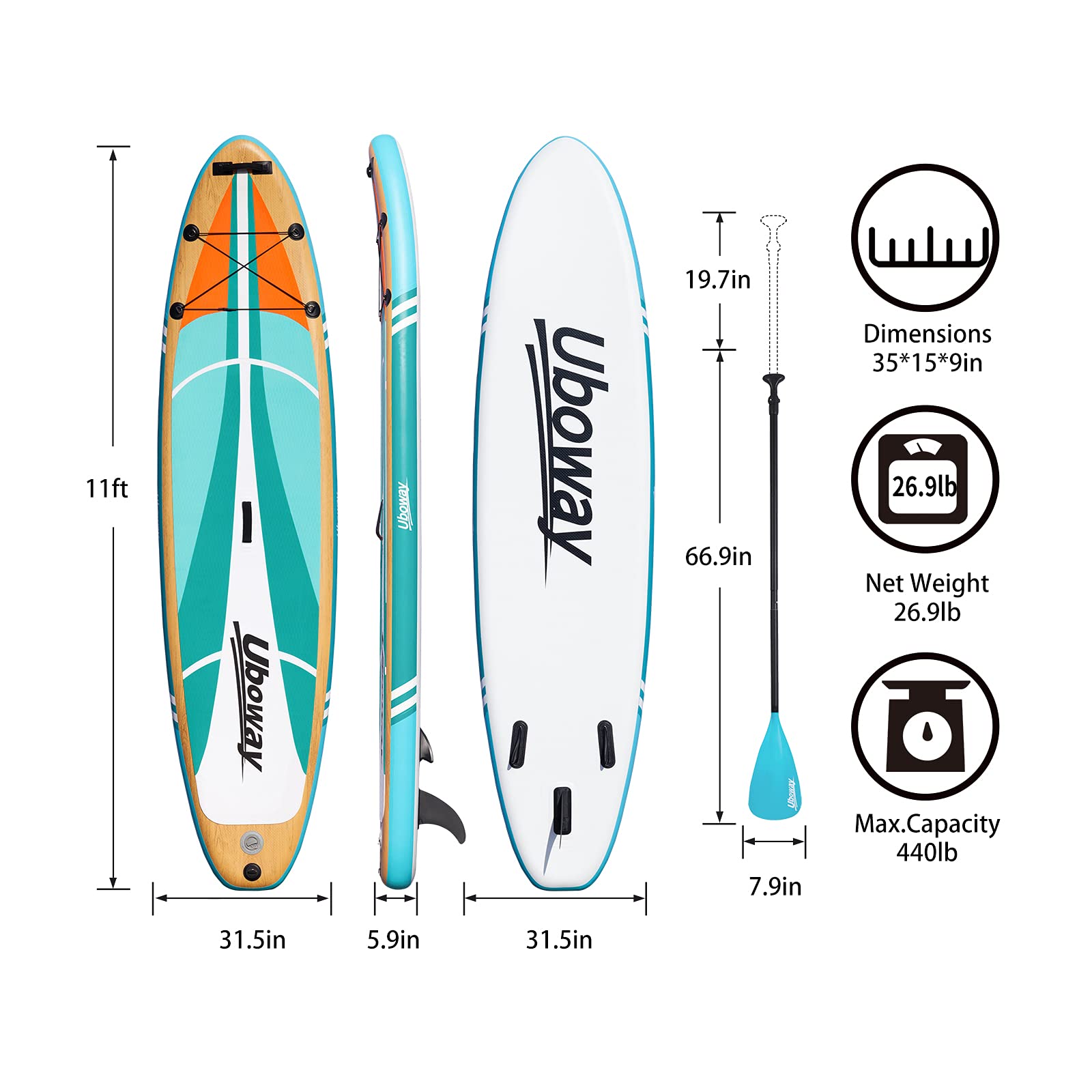 **Uboway 10/11 Feet Inflatable Stand Up Paddle Board (SUP) for Youth & Adults - Includes Adjustable Paddle, Backpack, Pump, Leash & Fin - Lightweight & Portable for Lakes, Rivers & Ocean (Teal)**