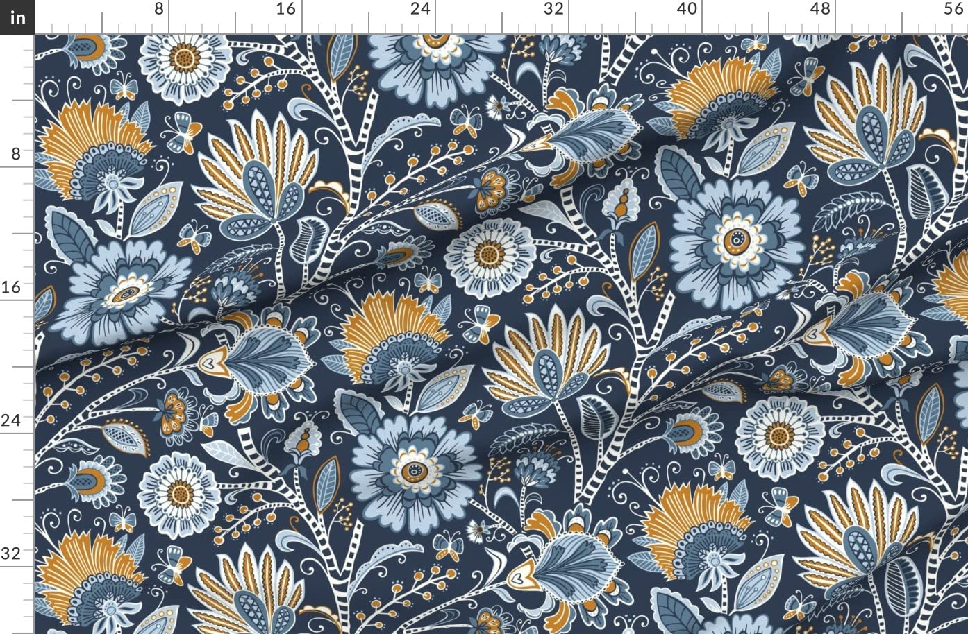 Organic Cotton Sateen Fabric by Spoonflower - Navy Blue Chintz with Large Floral & Butterfly Print for Sewing, Quilting, Apparel & Home Decor | Fat Quarter for DIY Projects, Curtains & Upholstery