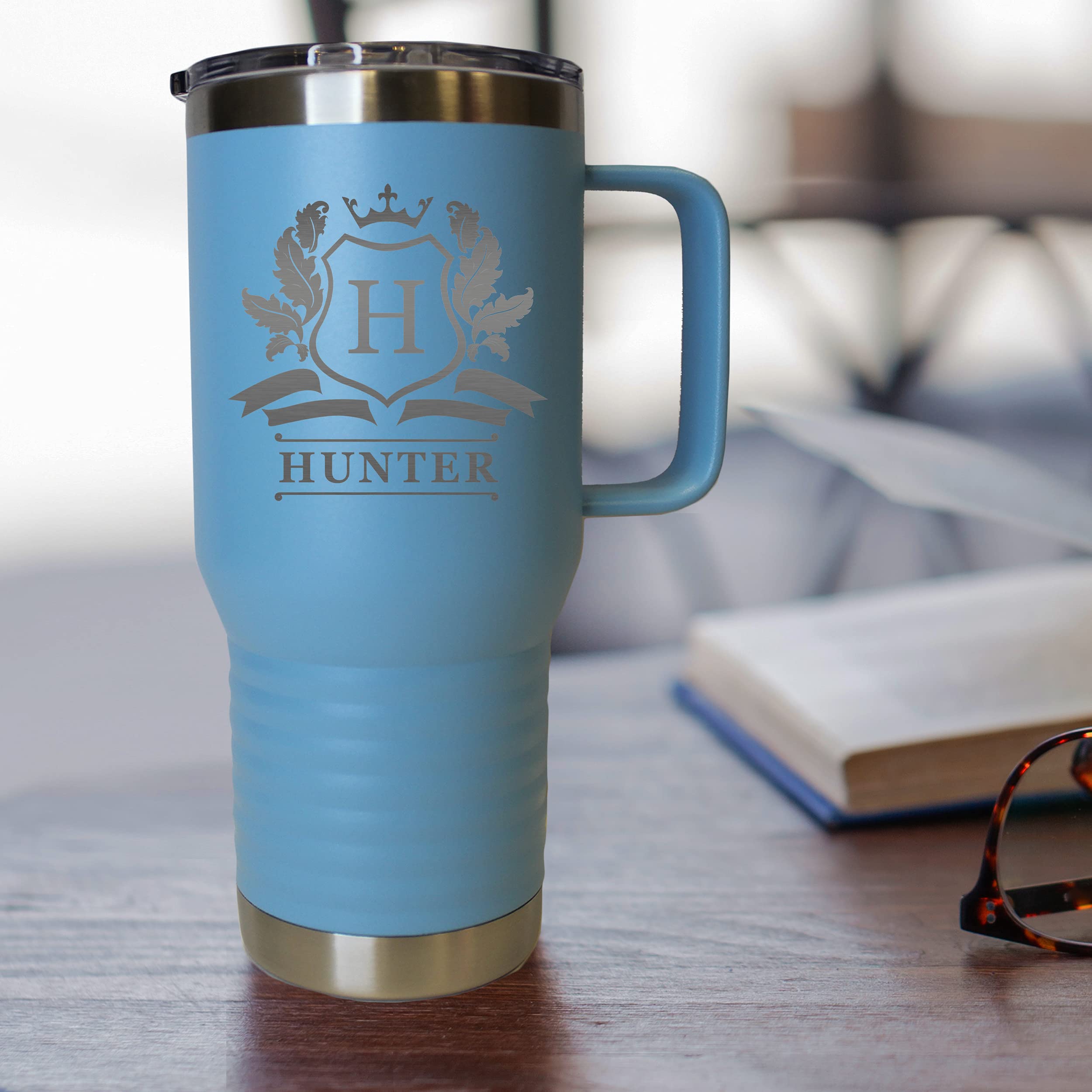 Custom Personalized 20oz Stainless Steel Powder Coated Vacuum Insulated Travel Tumbler - Double Wall Coffee Mug with Handle & Lid (Carolina Blue) - Perfect for Office, Camping & Commuting