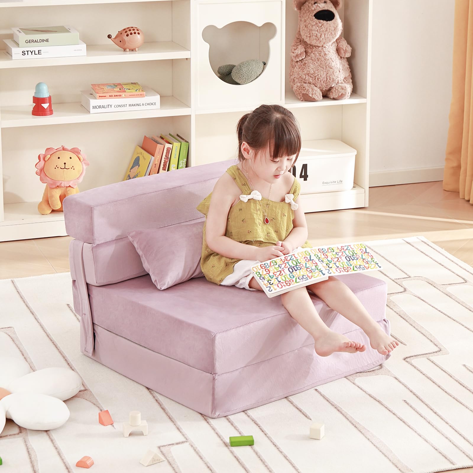 Foldable Kids Floor Mattress with Pillow - Washable Toddler Nap Mat, Convertible Sofa Bed Chair for Boys & Girls - Portable & Space-Saving with Storage Bag - Perfect for Daycare, Sleepovers, Travel and Home Use