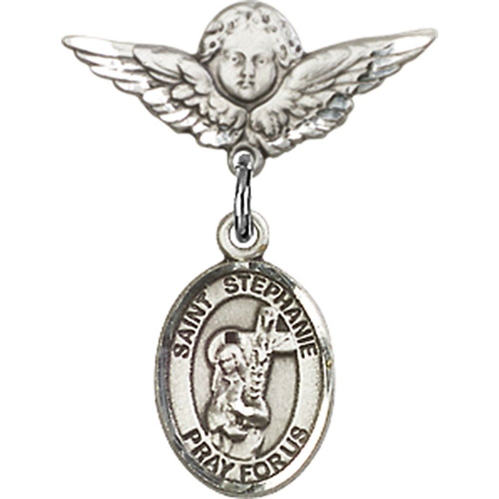 Sterling Silver Baby Badge with St. Stephanie Charm & Angel Wing Pin - 7/8