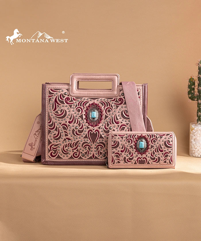 Montana West Embroidered Tote Bag Set - Stylish Cut Out Design for Women, Perfect for Work, Travel and Shopping