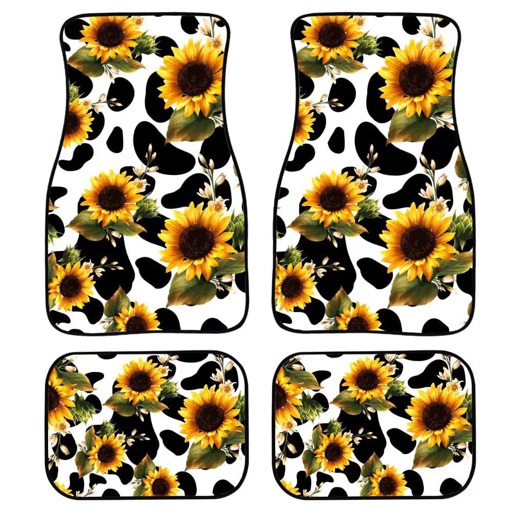 FKELYI Yellow Sunflower Cow Pattern Car Floor Mats - Non-Slip Rubber Backing Heavy Duty Auto Rugs for Front & Rear Seats - Perfect for SUVs, Trucks, and Sedans - Waterproof & Durable Car Carpets for Everyday Use and Road Trips