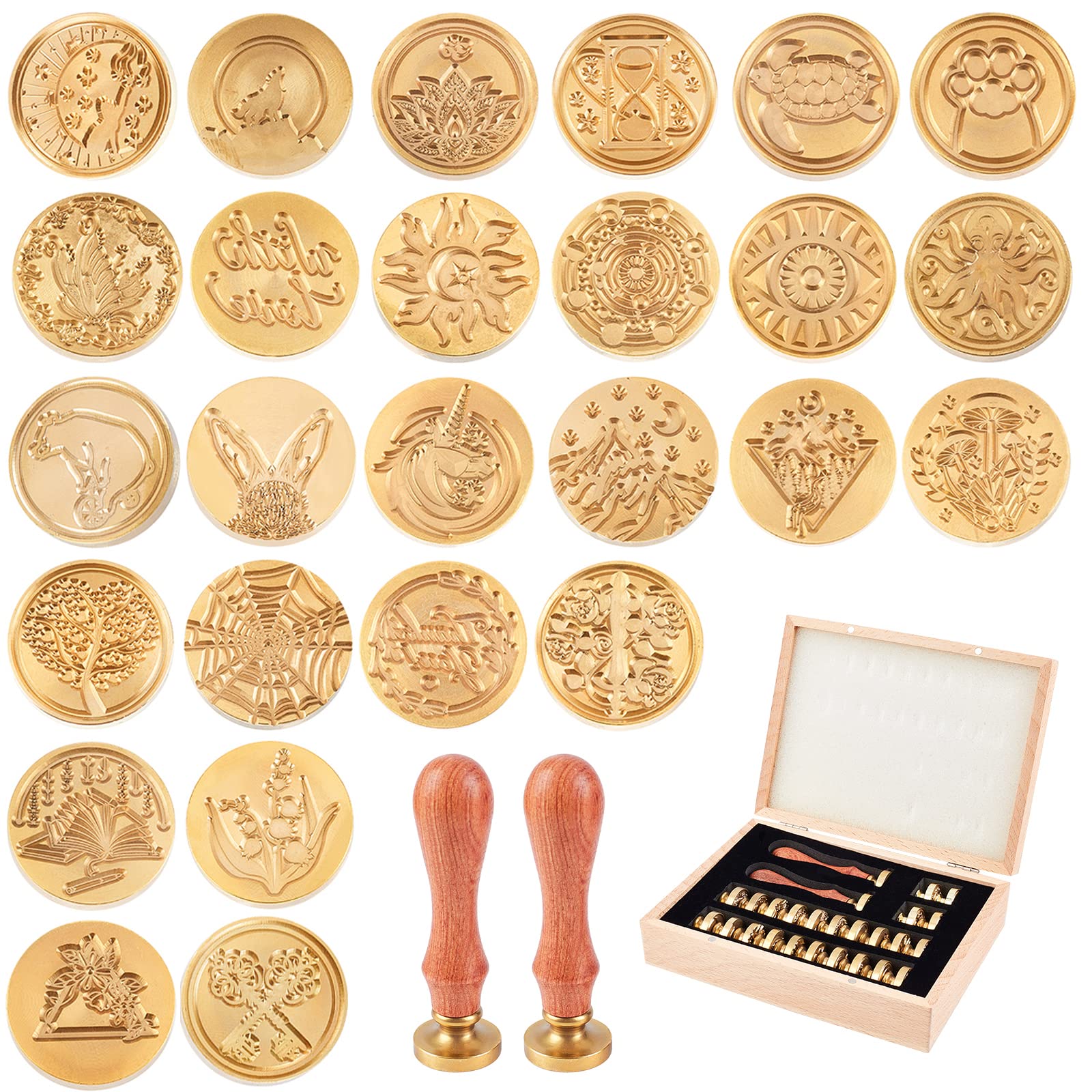 CRASPIRE 26-Piece Wax Seal Stamp Kit with 2 Wooden Handles - Vintage Sealing Wax Stamps for Wedding Invitations, Gift Wrapping, Letters & DIY Crafts - Elegant Wooden Gift Box Set