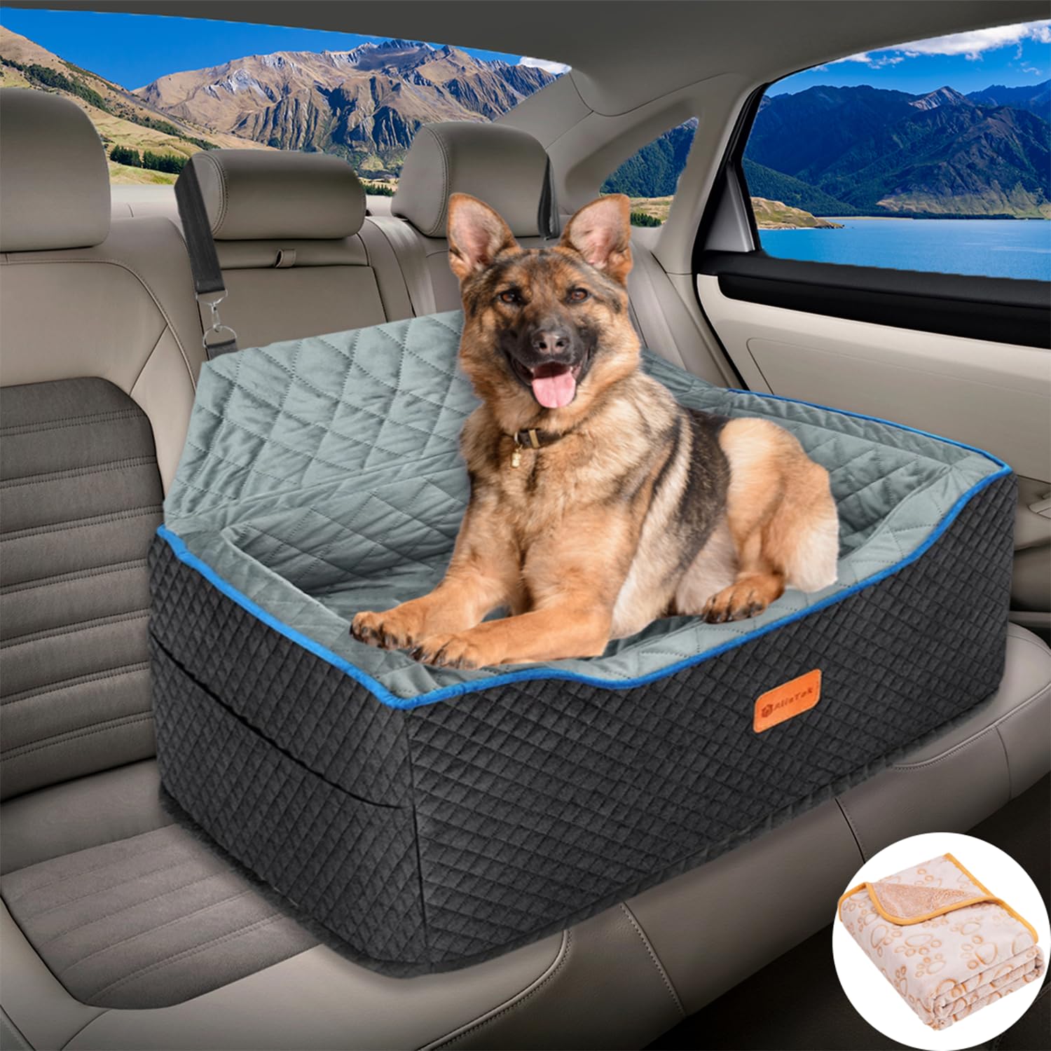 Large Dog Car Seat for Big Dogs Up to 60 lbs - Washable, Detachable Memory Foam Pet Booster Seat with 2 Dog Seat Belts & Cozy Blankets | Perfect for Road Trips, Vet Visits & Daily Car Rides