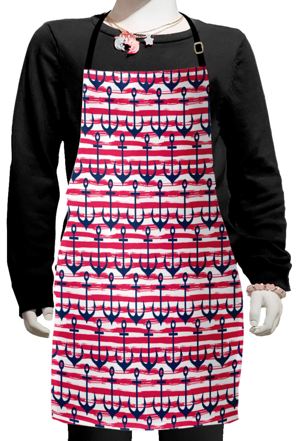 Ambesonne Marine Stripe Apron - Adjustable Blue Anchors Design for Baking, Painting & Cooking - Small Size Dark Blue Magenta White Kitchen Apron - Perfect for Home Chefs, Artists & DIY Enthusiasts