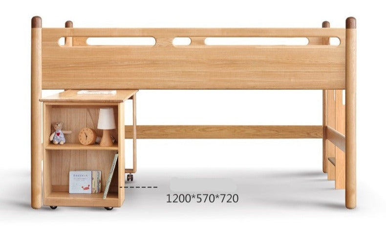 Solid Oak Wood Mid-High Bed with Slanted Ladder - Sturdy Adult Loft Bed for Small Spaces, Dorm Rooms & Modern Apartments